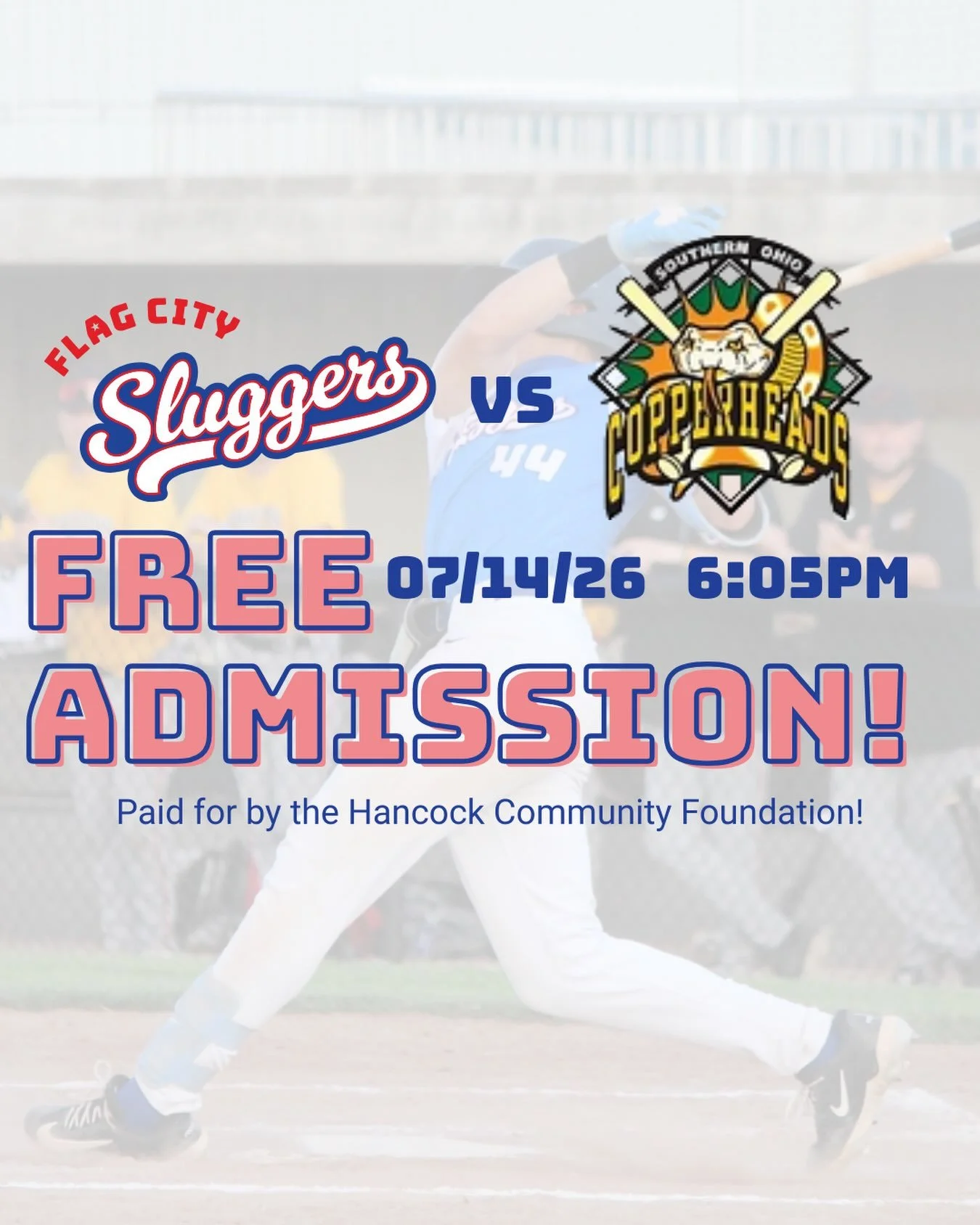 FREE BASEBALL TONIGHT! ⚾️🎟️

Huge shoutout to the Findlay-Hancock County Community Foundation for graciously sponsoring FREE admission for tonight&rsquo;s matchup against the Southern Ohio Copperheads!

 📍 Where: The Ballpark
 ⏰ First Pitch: 6:05 P