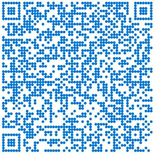 A blue and white QR code.