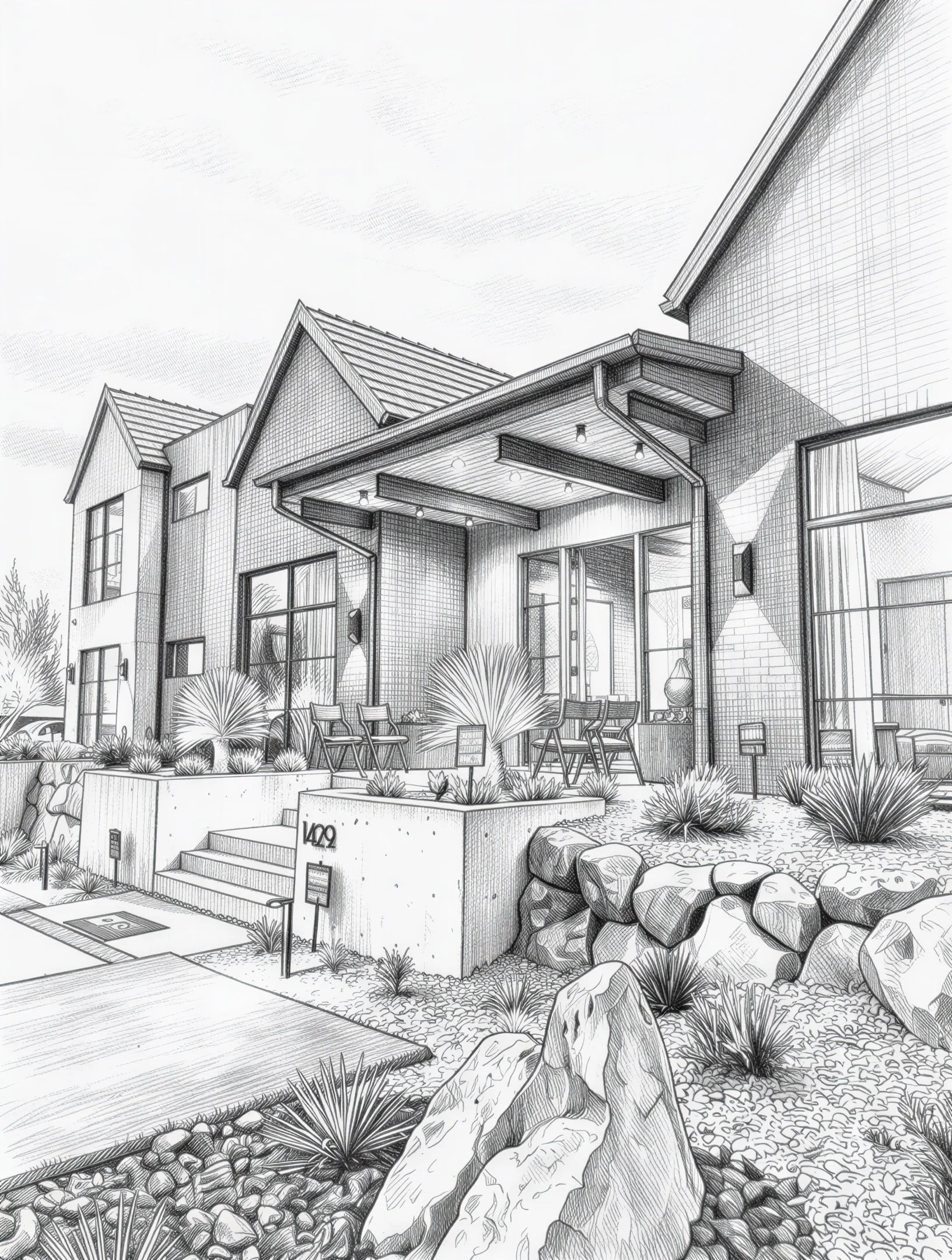 A black and white sketch of a modern residential house with a front porch, outdoor furniture, landscaped garden with rocks and plants, and stairs leading to the entrance.