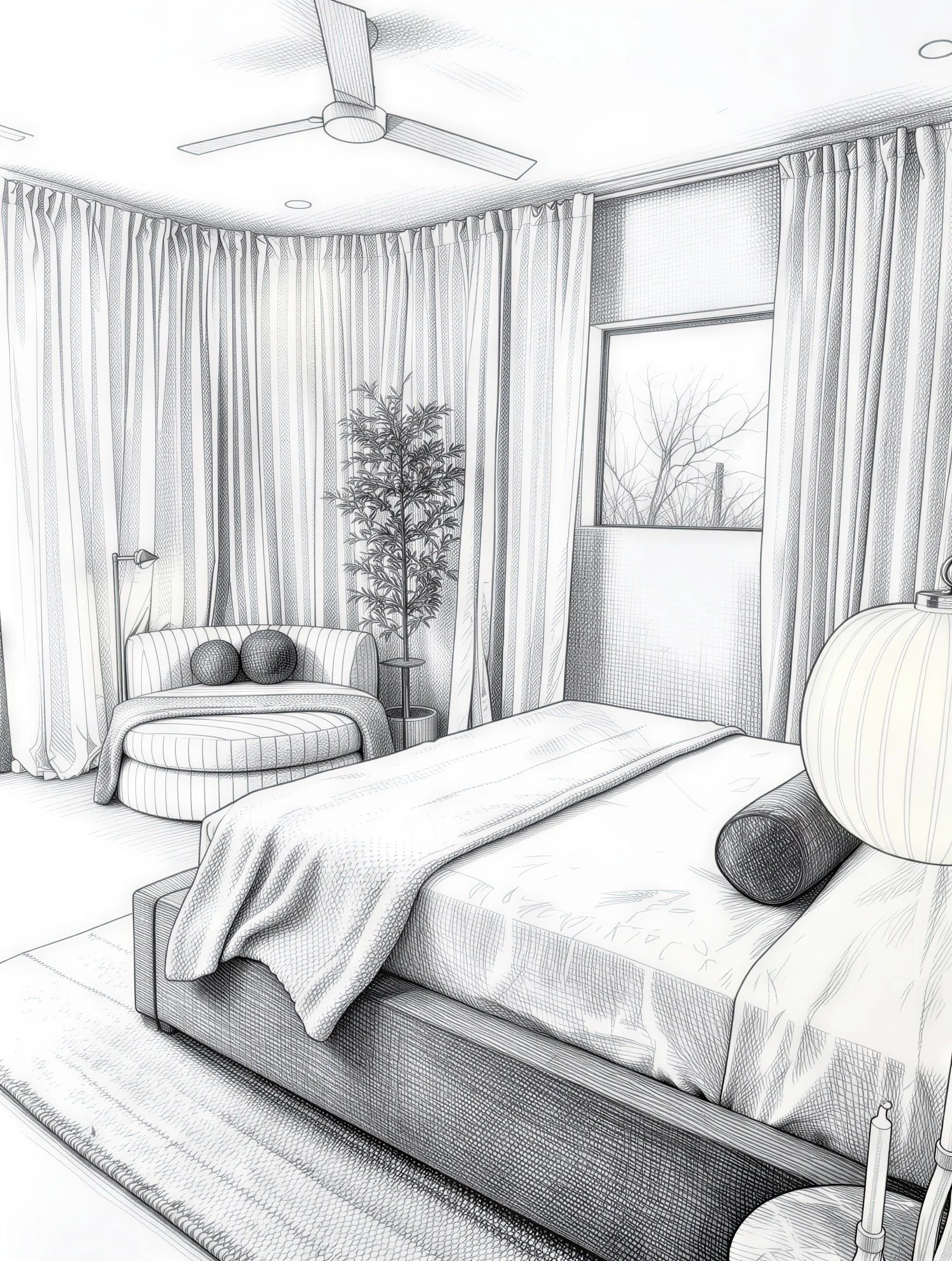 A bedroom with a bed, curtains, a small sofa with pillows, a potted plant, a window showing trees outside, and a ceiling fan.