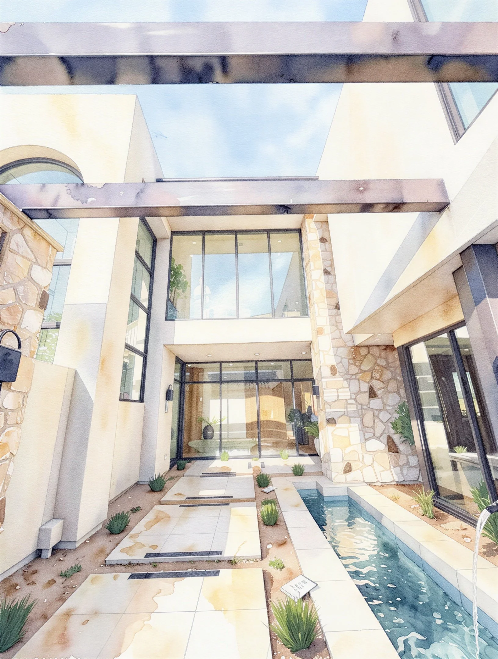 Modern residential building with large glass windows, stone accents, and a small outdoor pool area with paving stones and plants.
