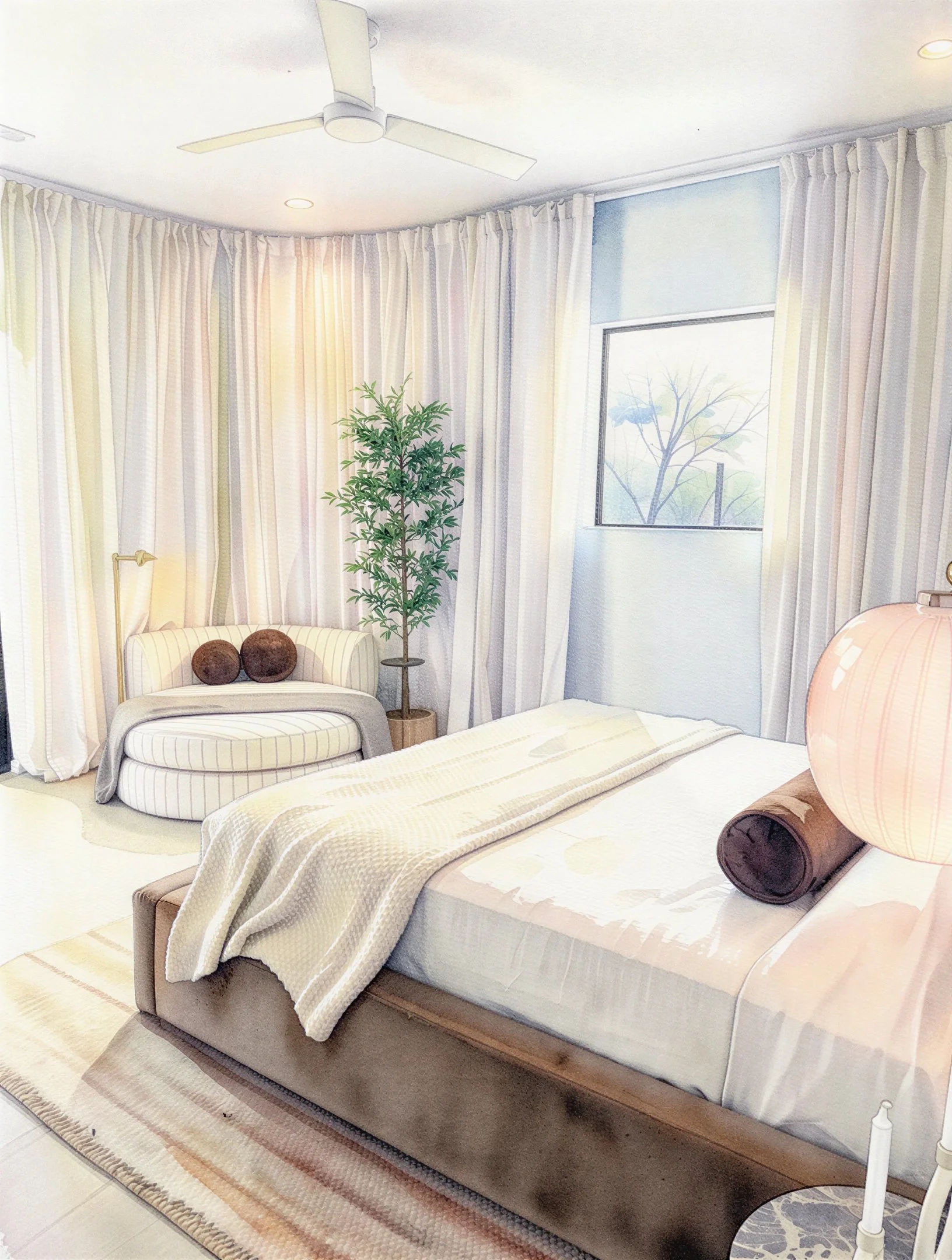 A bright bedroom with a bed, blanket, and pillows, next to a window with curtains and a potted plant nearby.