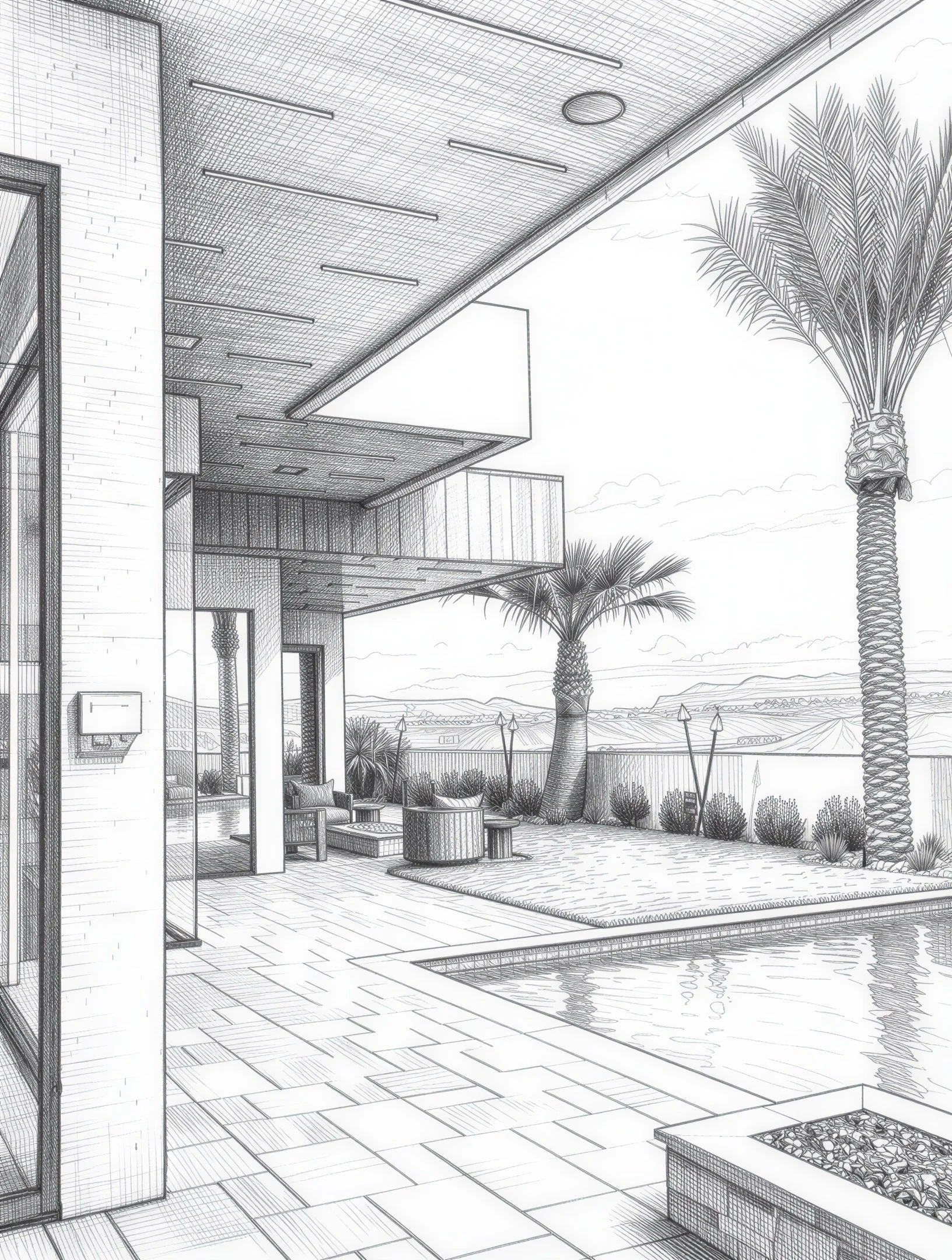 Sketch of an outdoor patio area with a swimming pool, palm trees, seating arrangements, and a city view in the background.