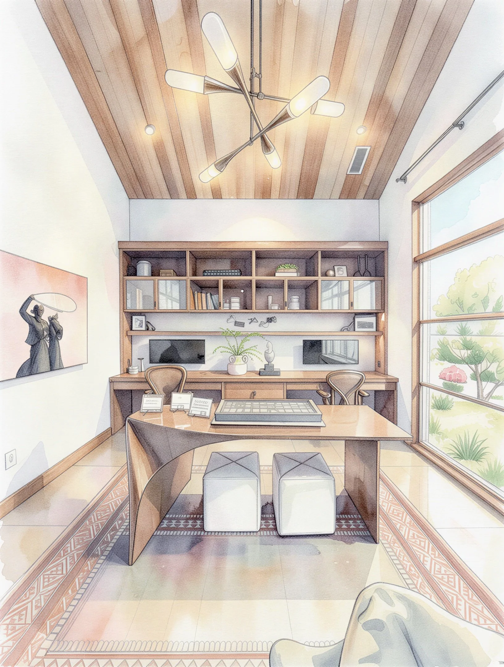 Illustration of a modern home office with a wooden ceiling, a large window, a desk with two chairs, bookshelves, and decorative items.