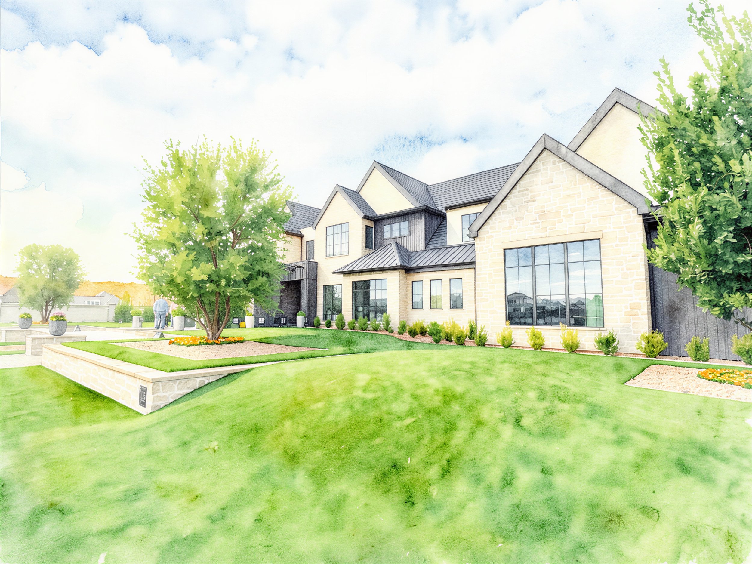 Watercolor illustration of a modern house with a well-maintained green lawn, trees, and bushes in a suburban neighborhood.