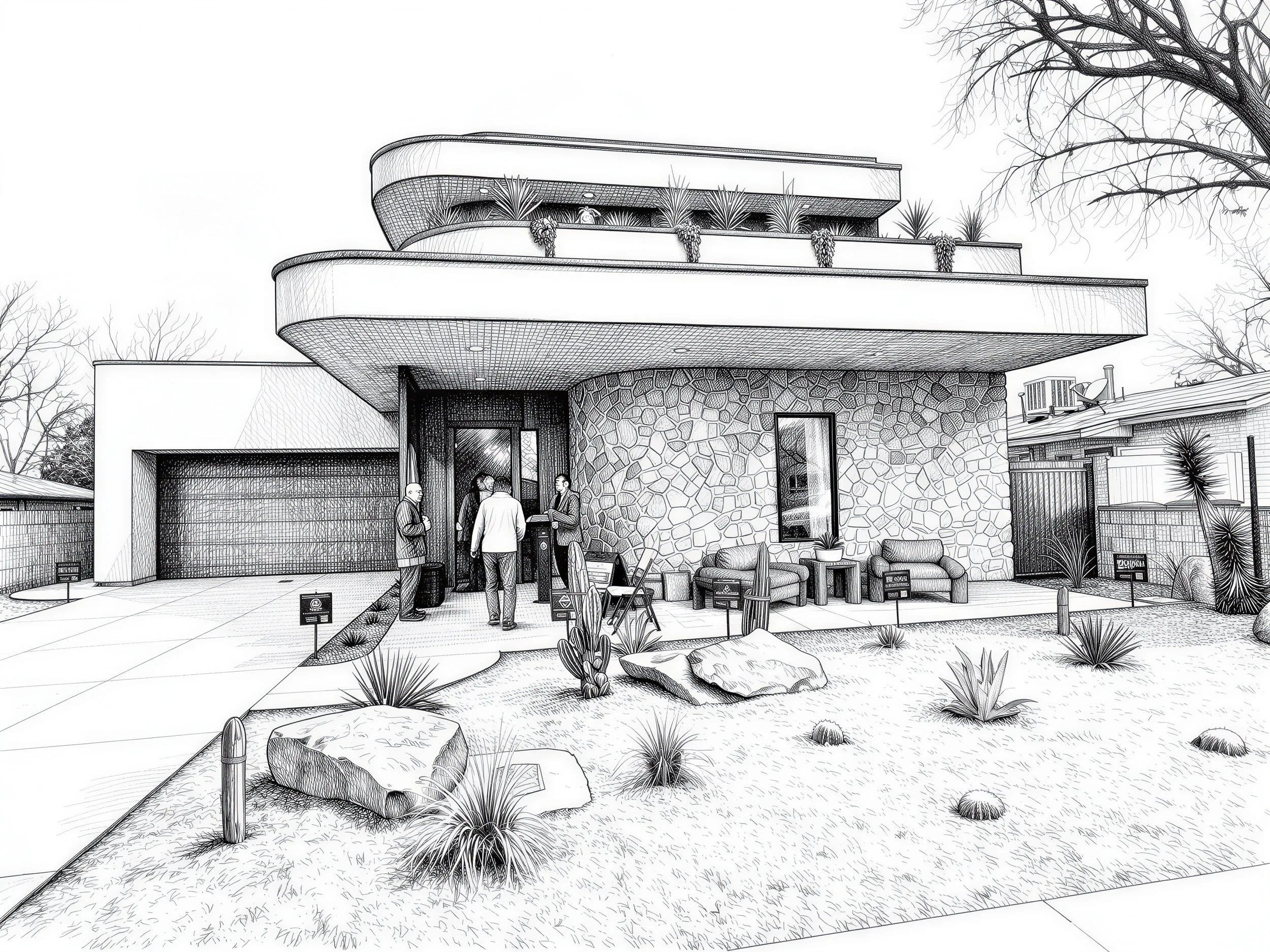 Black and white sketch of a modern two-story house with a stone facade, curved balconies with plants, a garage, and outdoor seating area with lounge chairs and plants.
