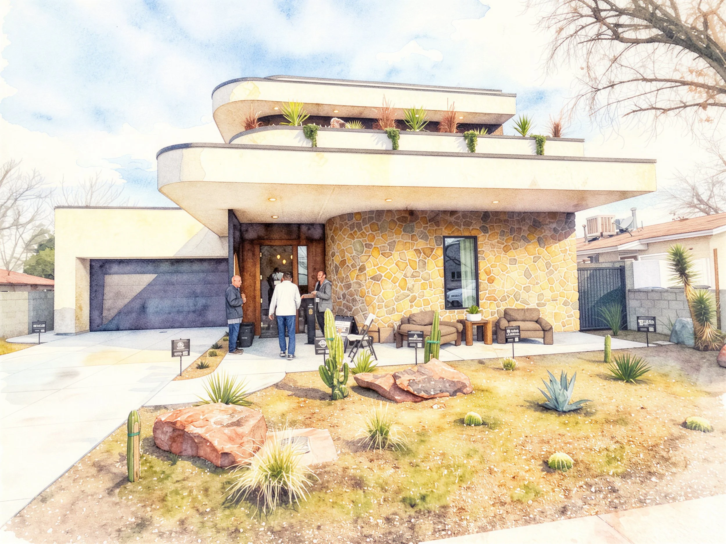 Front view of a modern house with a stone and white exterior, featuring a curved balcony, outdoor seating area, and desert landscaping with cacti and rocks.