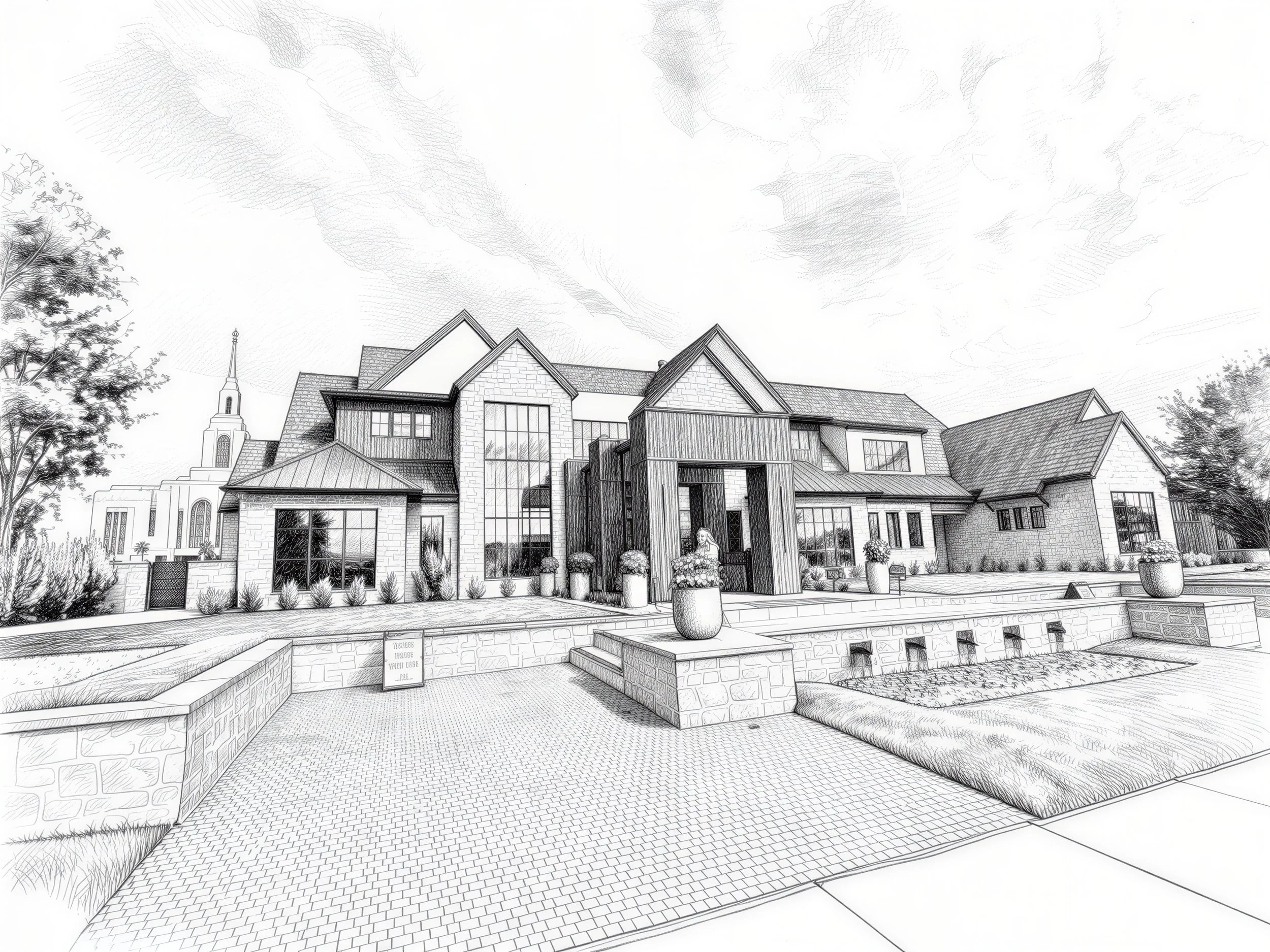 Architectural sketch of a modern residential house with multiple gabled roofs, large windows, a front entrance with columns, landscaped front yard with potted plants, and a paved walkway.