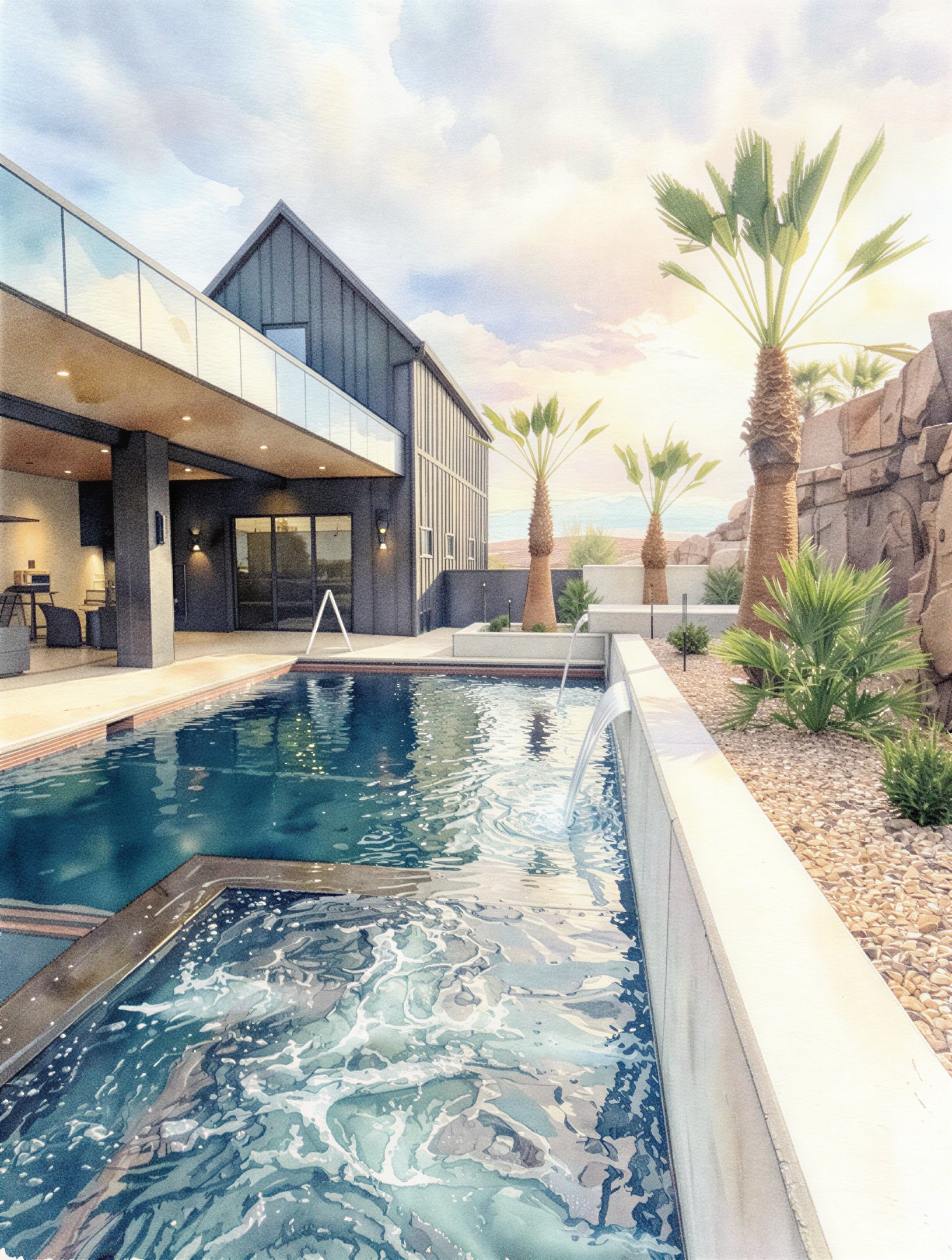 Modern house with a swimming pool, palm trees, and desert landscaping under a partly cloudy sky.