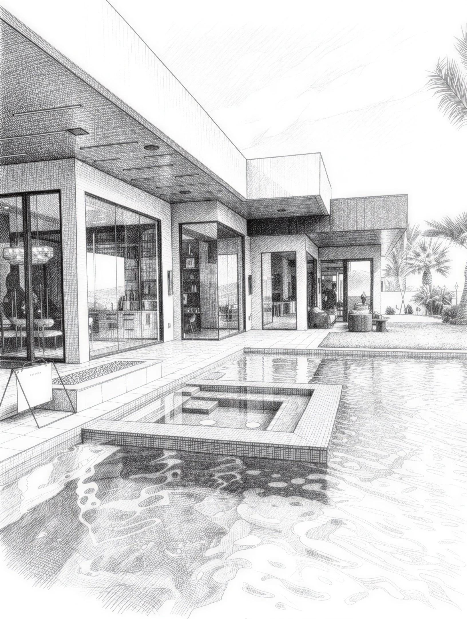 A modern house with large glass windows and a pool in the foreground, outdoor seating, and palm trees in the background.