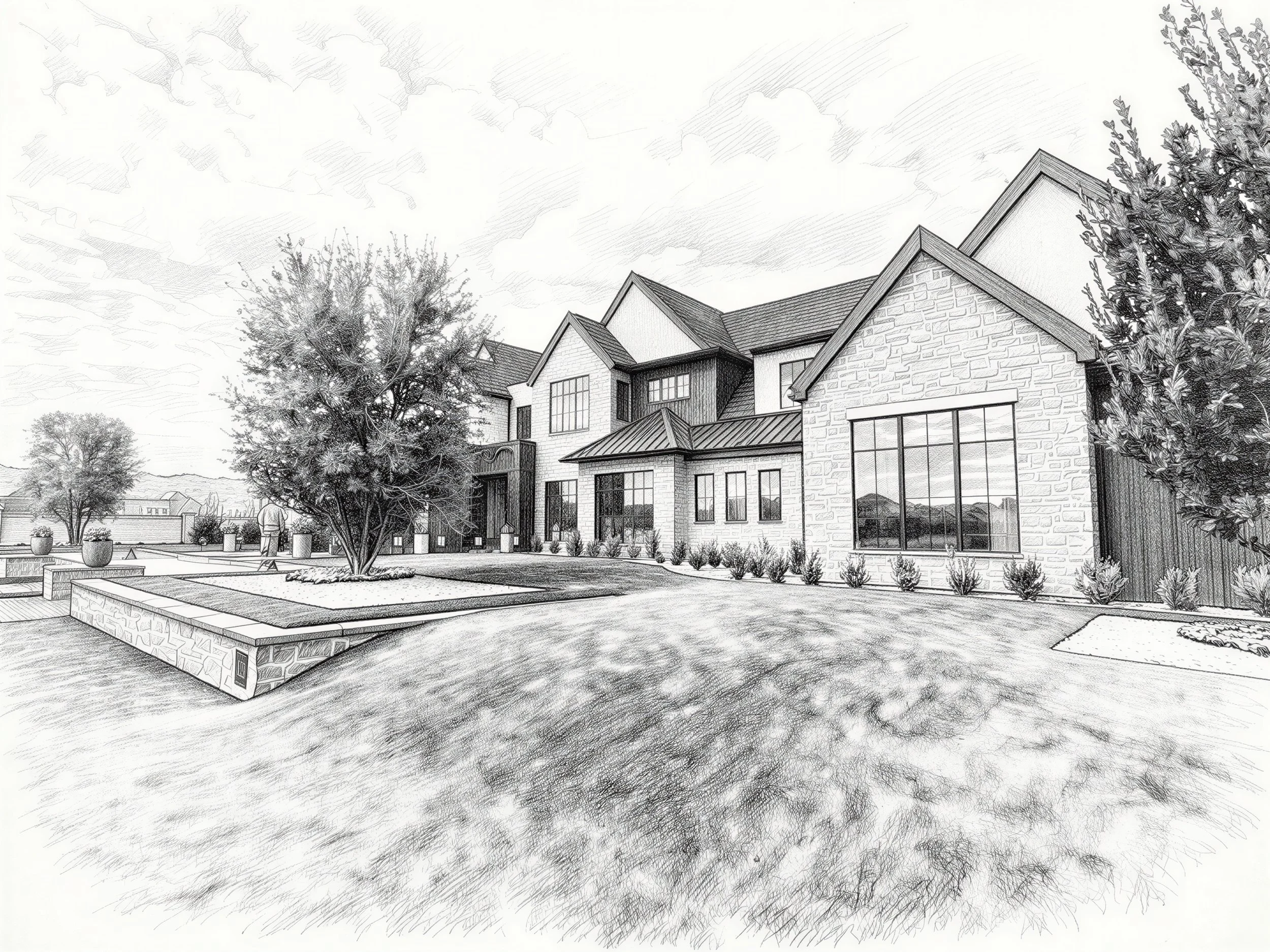 A sketch of a modern house with multiple rooflines, large windows, and landscaped front yard with trees and shrubs.