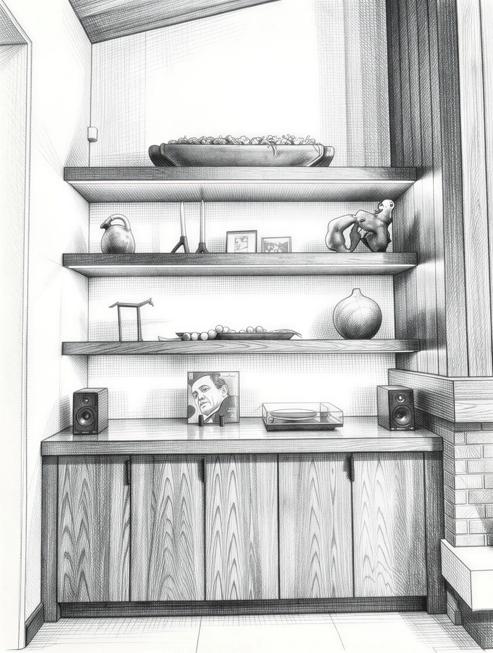 Black and white sketch of a built-in wooden cabinet with three shelves displaying various decorative objects, a vinyl record player, and speakers.