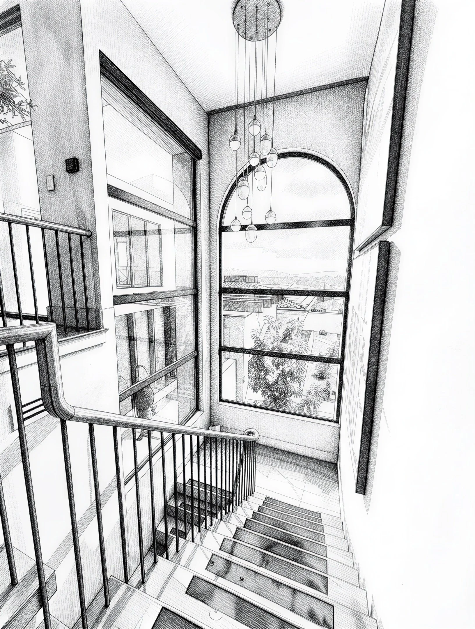 Interior view of a staircase in a modern building with large arched window, metal railing, hanging pendant lights, and a view of trees and rooftops outside.