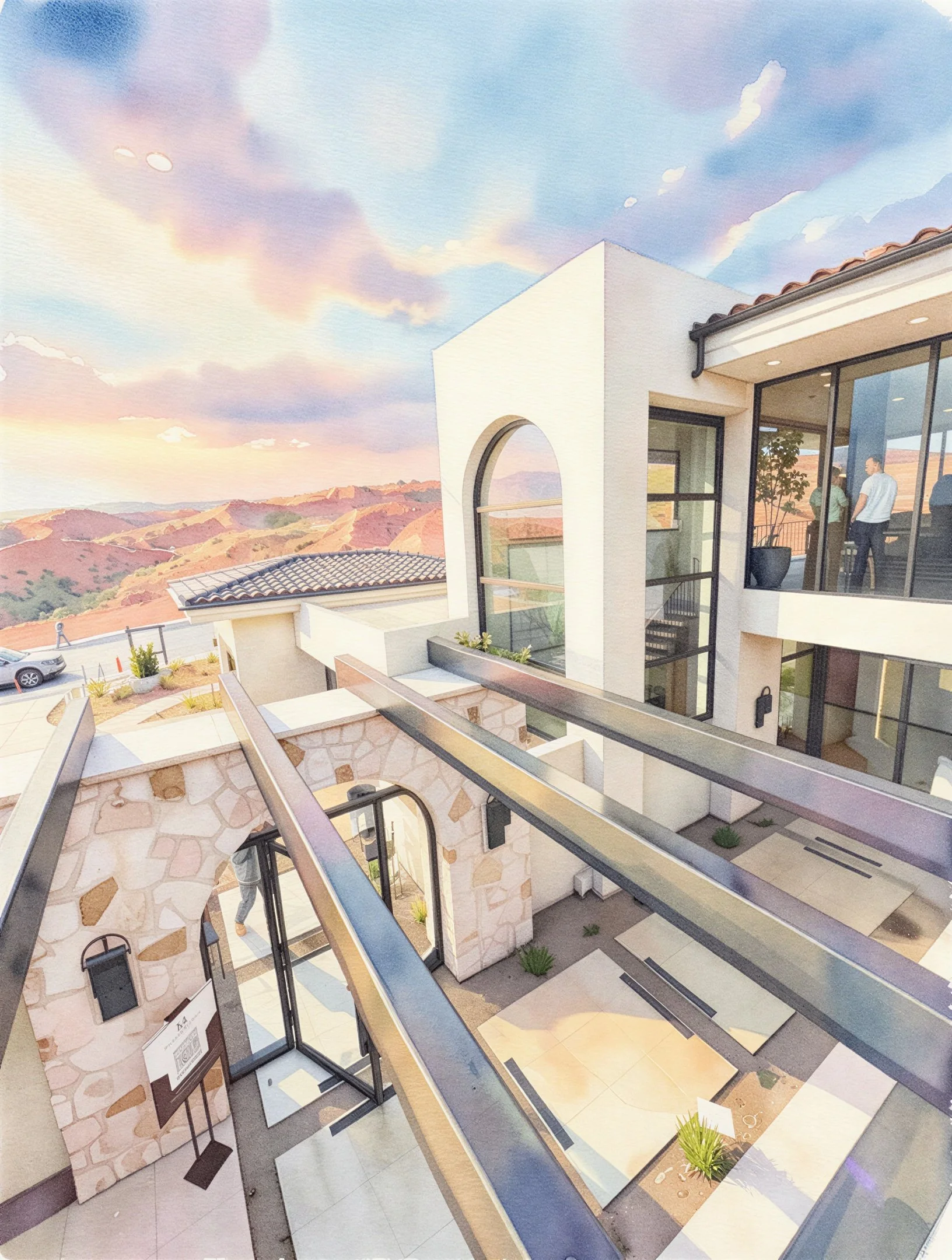 Modern building with large glass windows overlooking a canyon at sunset, with outdoor terraces, plants, and people inside.