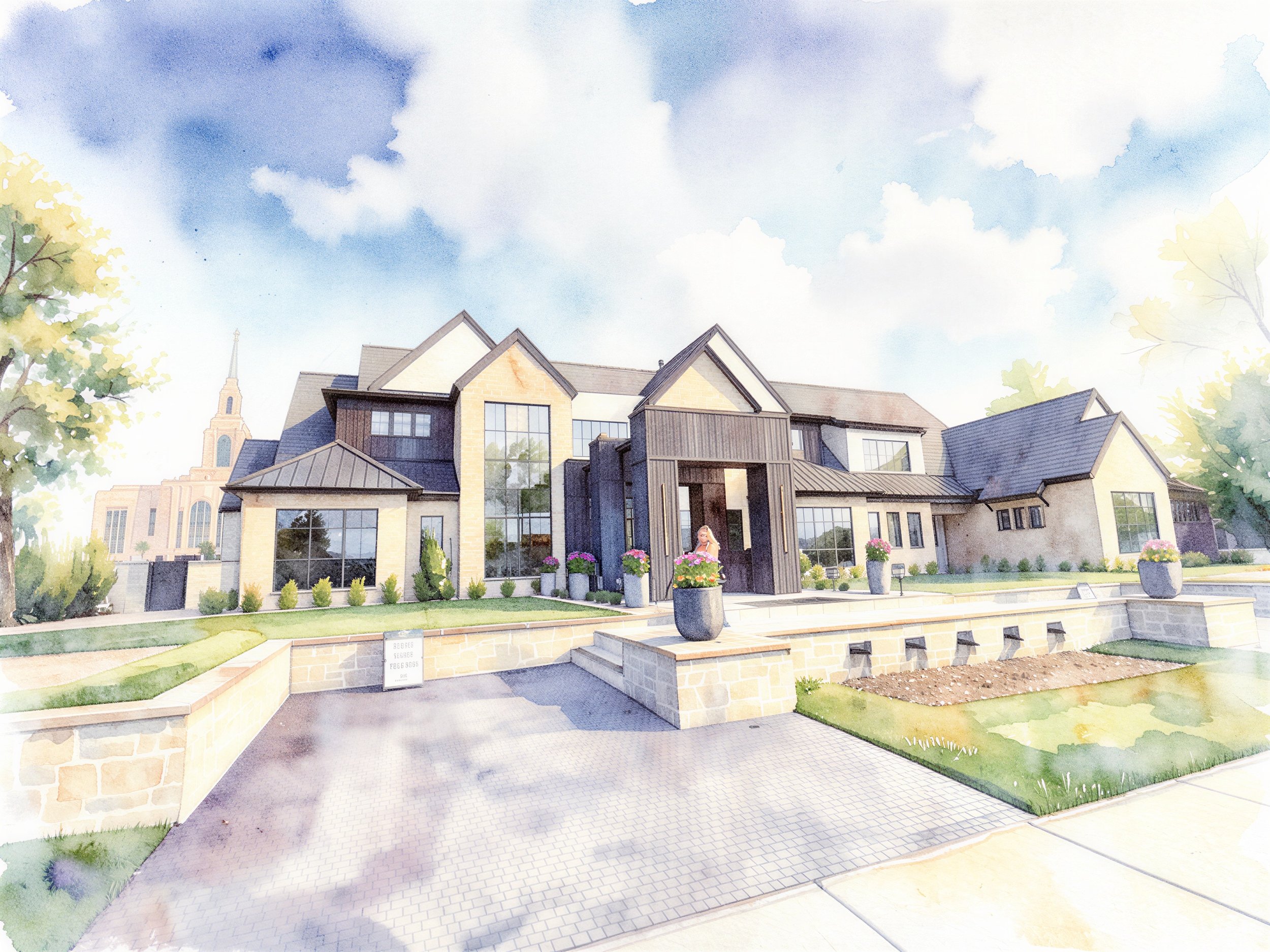 Watercolor illustration of a modern multi-story house with large windows, surrounded by trees and plants, with a paved driveway and a sign in front.