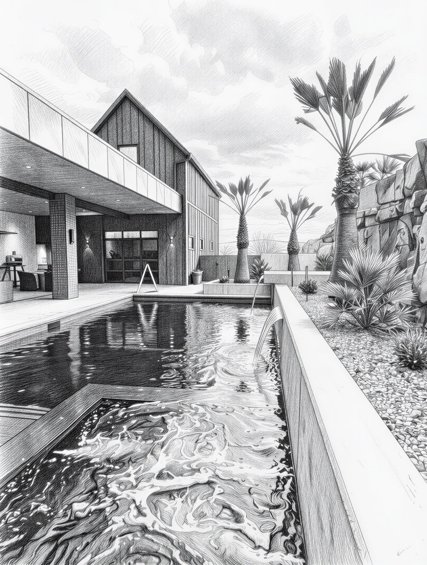 A modern house with a pool, palm trees, and rocks in the backyard.