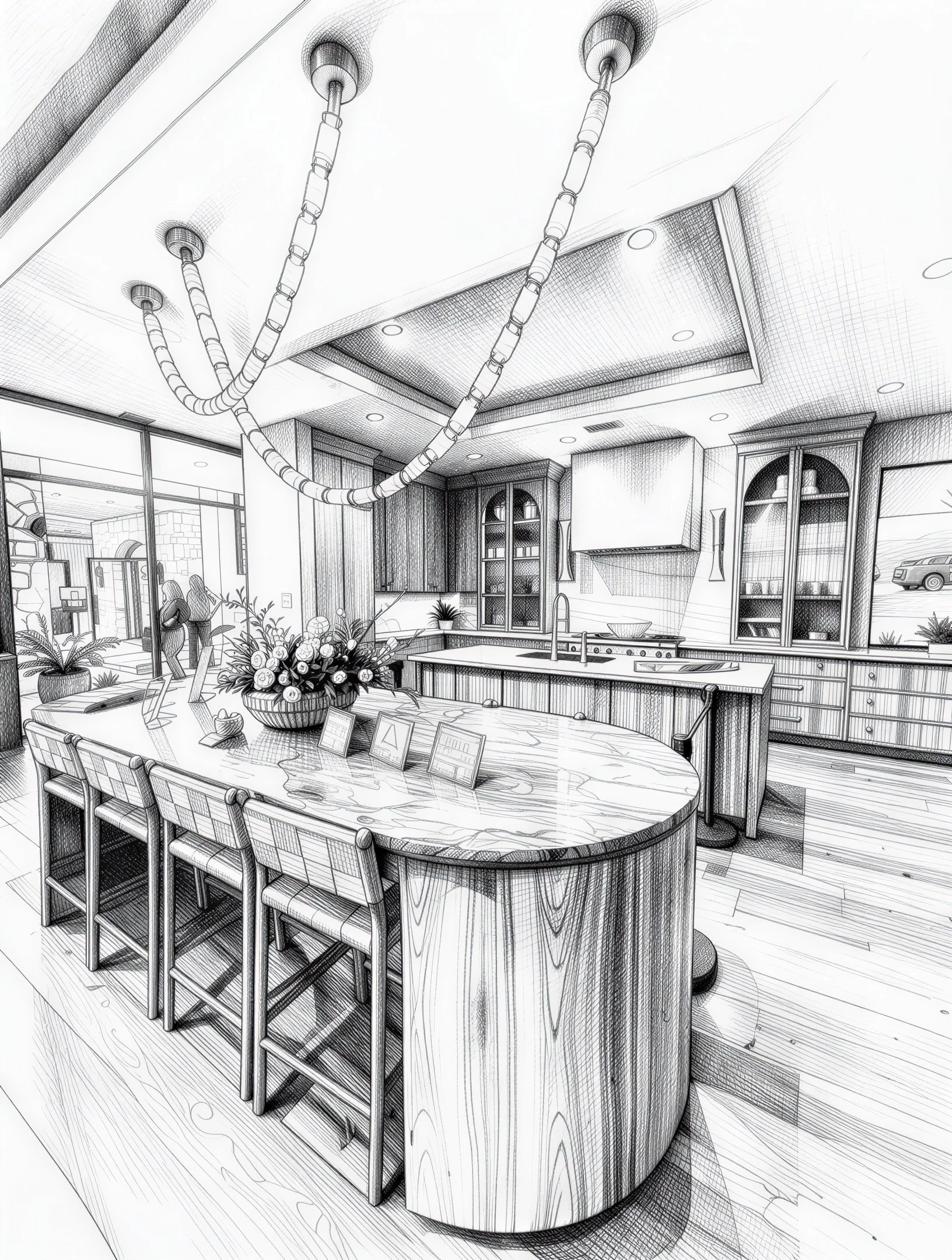 Black and white sketch of a modern kitchen with a large island, bar stools, wooden cabinets, a flower arrangement on the island, and pendant lights hanging from the ceiling.