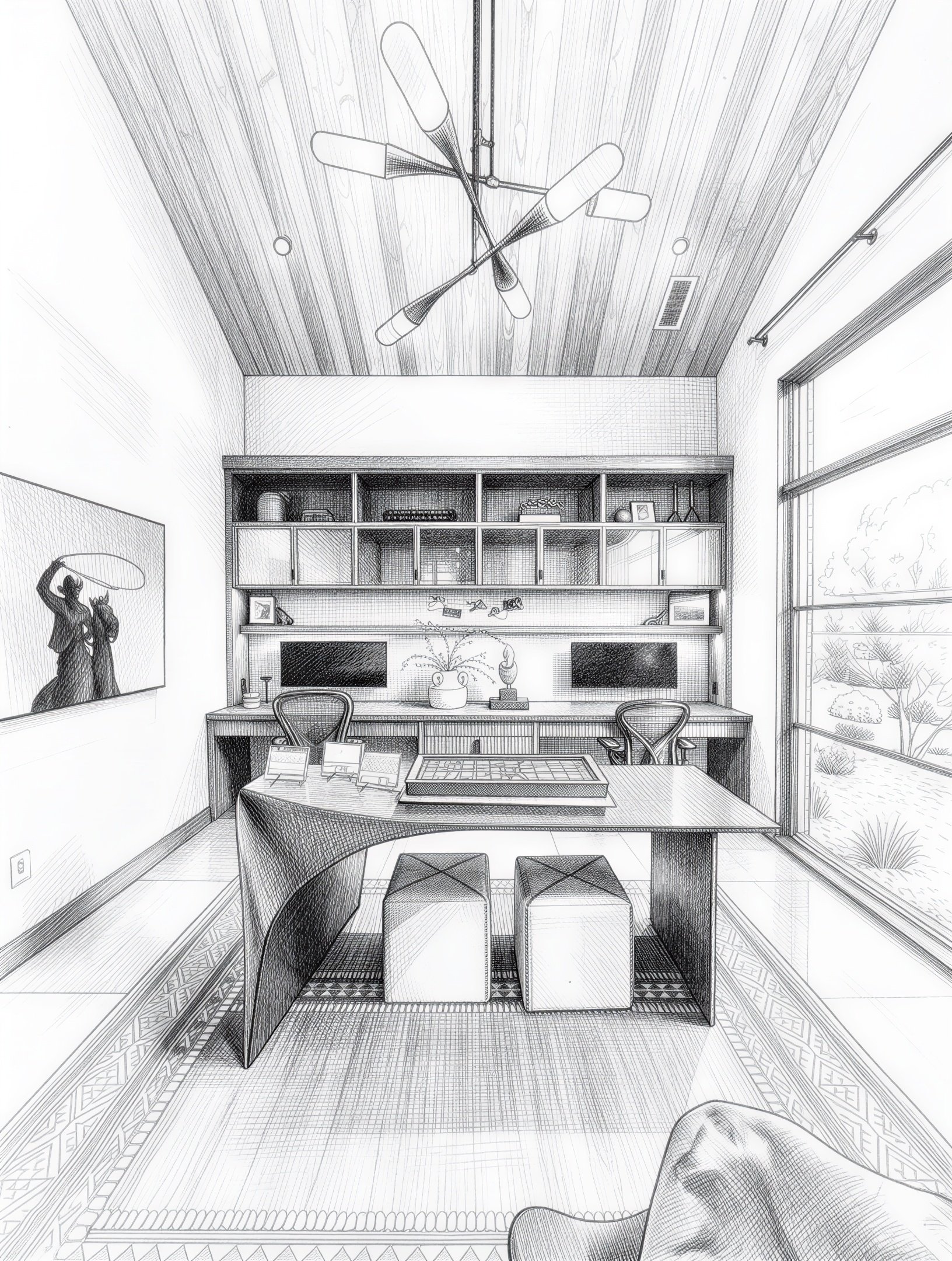 Line drawing of a modern office with a wooden ceiling, large windows, a desk with two chairs, a bookshelf with decorative items, and a wall art of a woman holding a hoop.