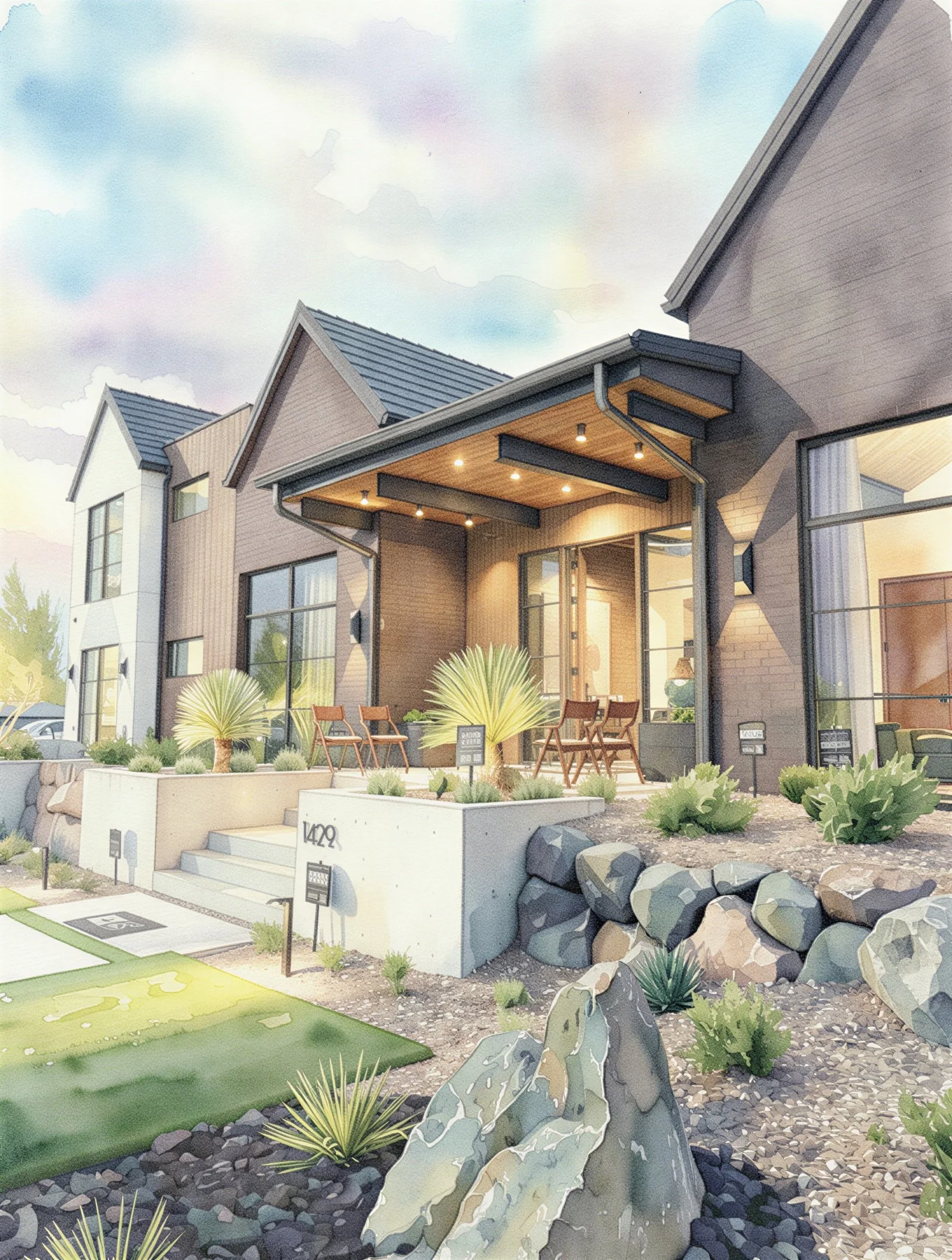 Exterior view of a modern residential building with a front porch, outdoor seating, and desert landscaping, including rocks and drought-tolerant plants.