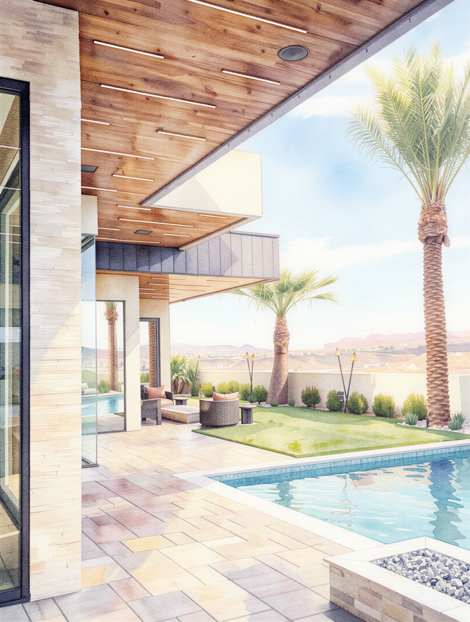 Modern backyard with a pool, palm trees, outdoor seating, and a wooden covered patio.