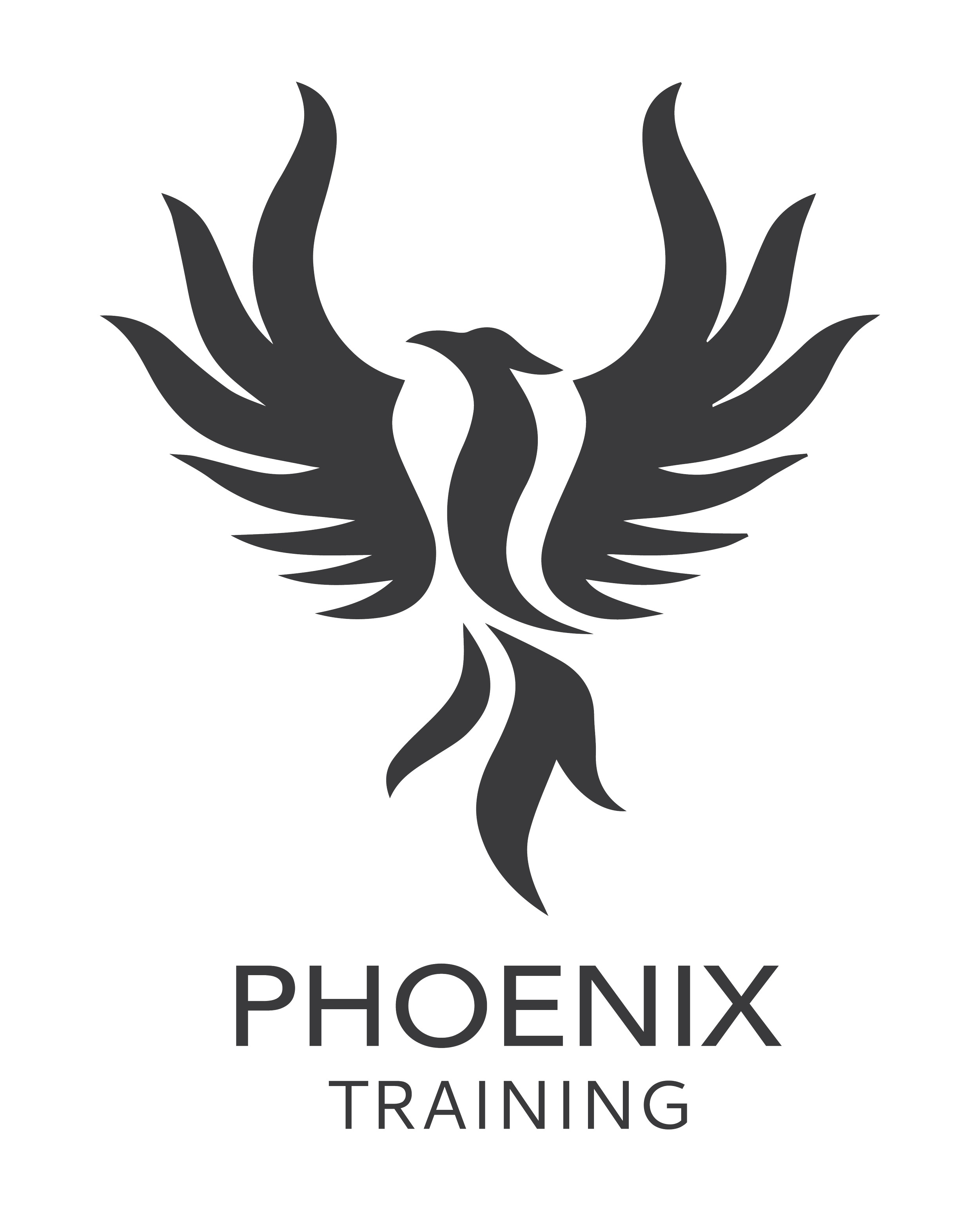 Black and gray logo featuring a stylized phoenix with spread wings, above the text 'Phoenix Training'