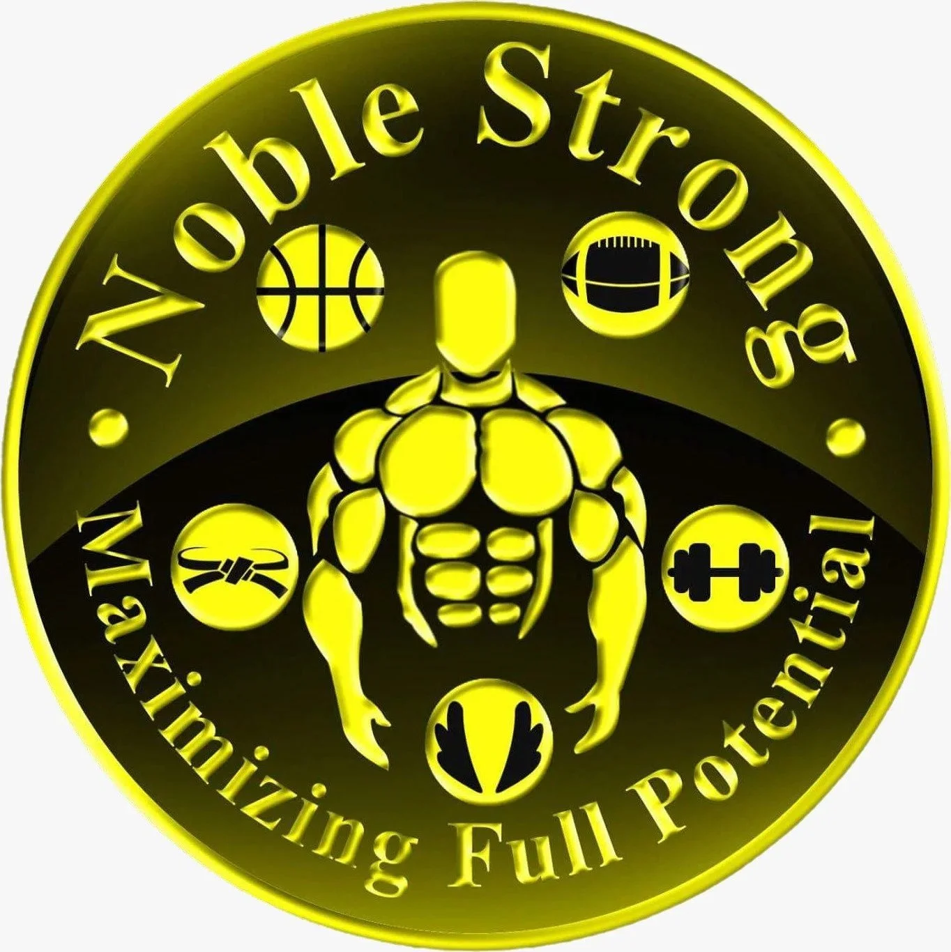 Logo for Noble Strong, depicting a muscular human figure with no face, surrounded by icons of a basketball, football, barbell, gym weights, and a fist, with the tagline 'Maximizing Full Potential'.