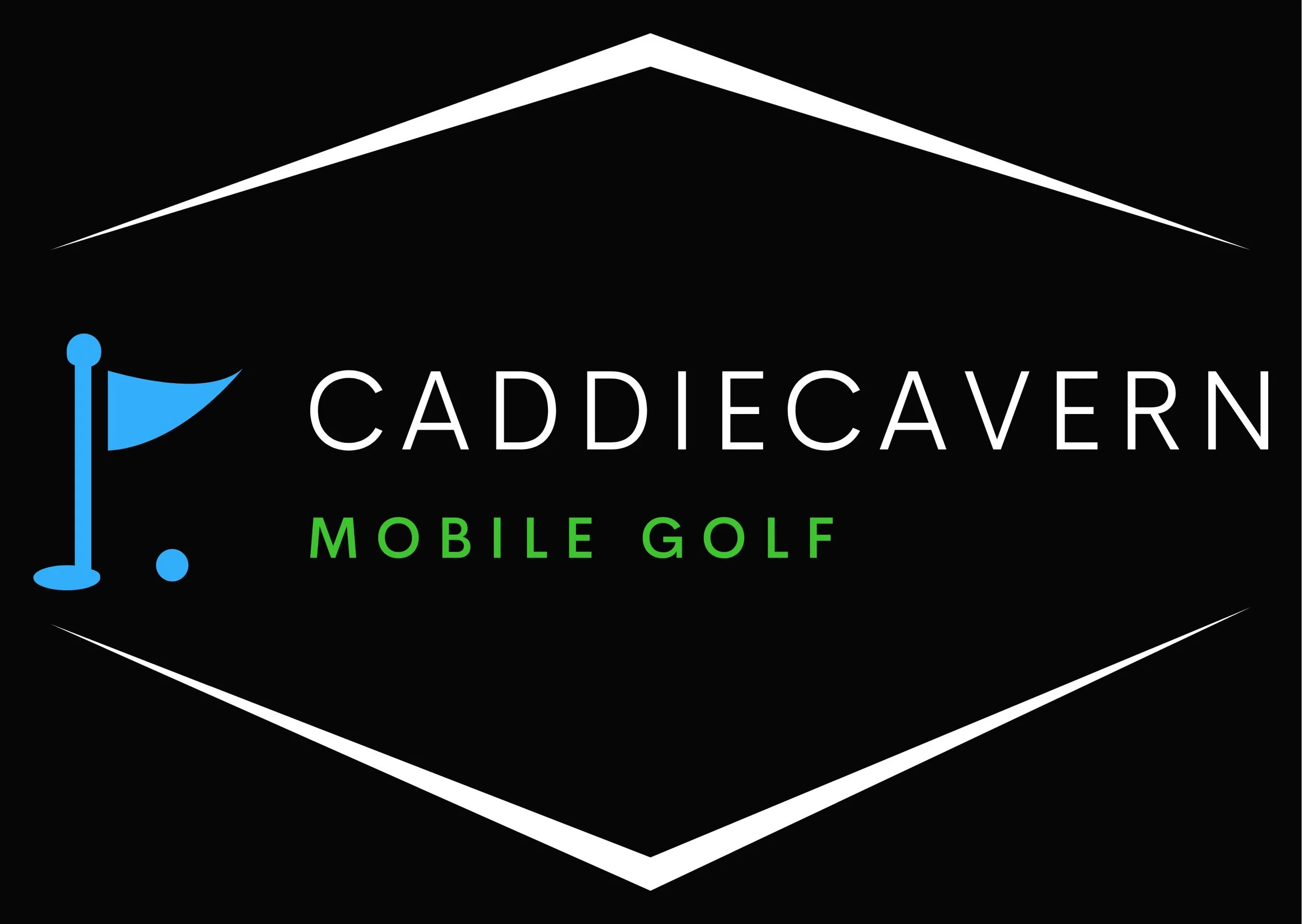 Logo for CaddieCavern Mobile Golf featuring a stylized blue golf flag and green text against a black background.
