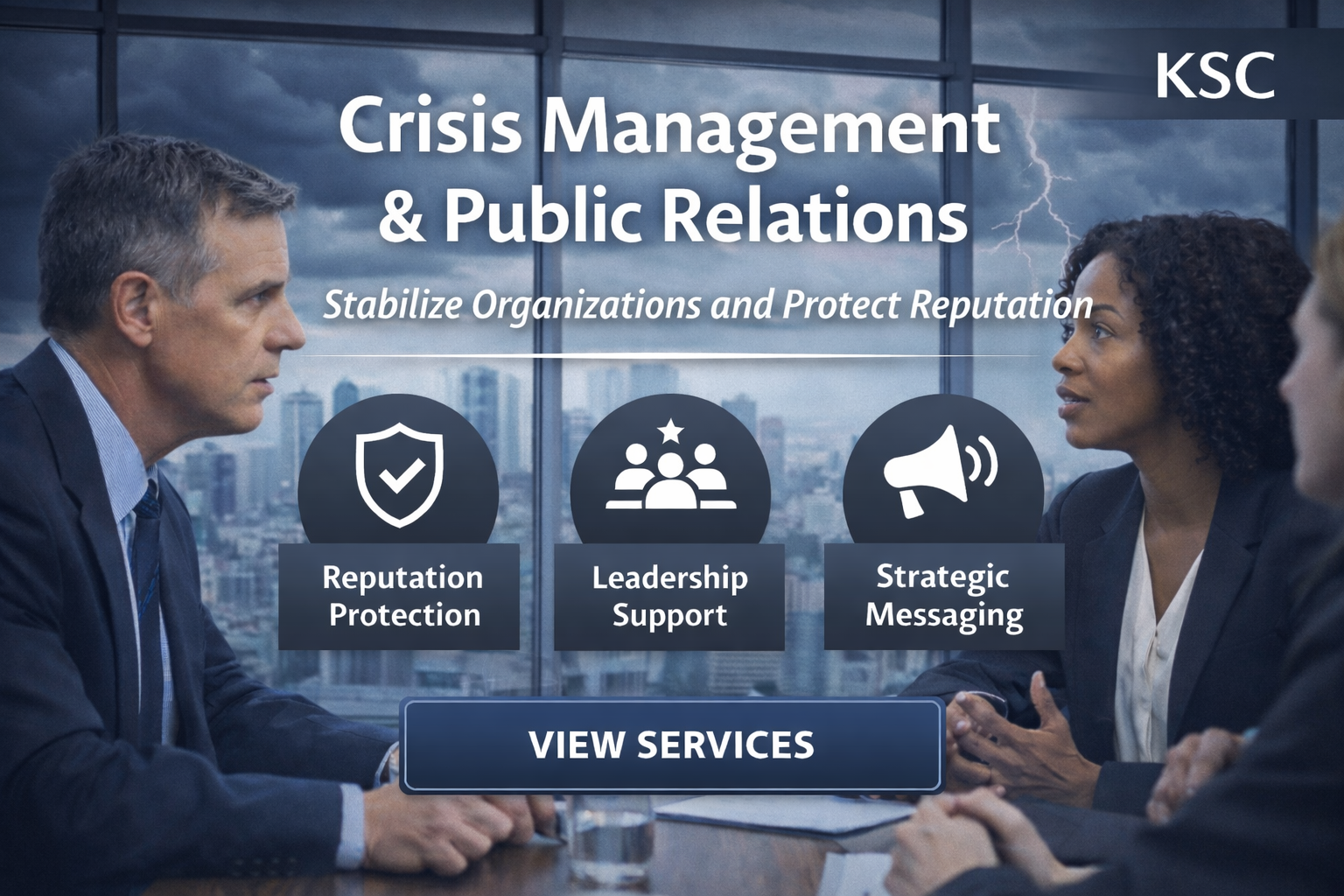 Crisis management and public relations advisory image showing executive leaders in a strategic discussion, representing reputation protection, leadership support, and risk-aware communication.