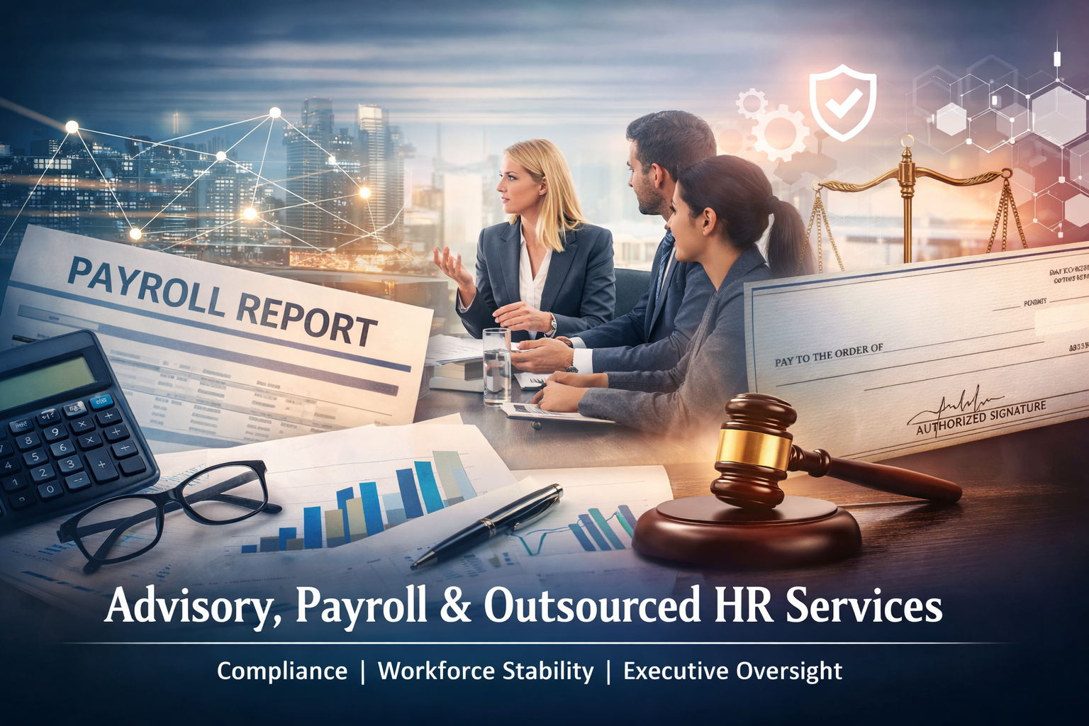Business meeting with three professionals discussing payroll and HR services, with documents, calculator, glasses, pen, gavel, and overview text overlay, cityscape background.