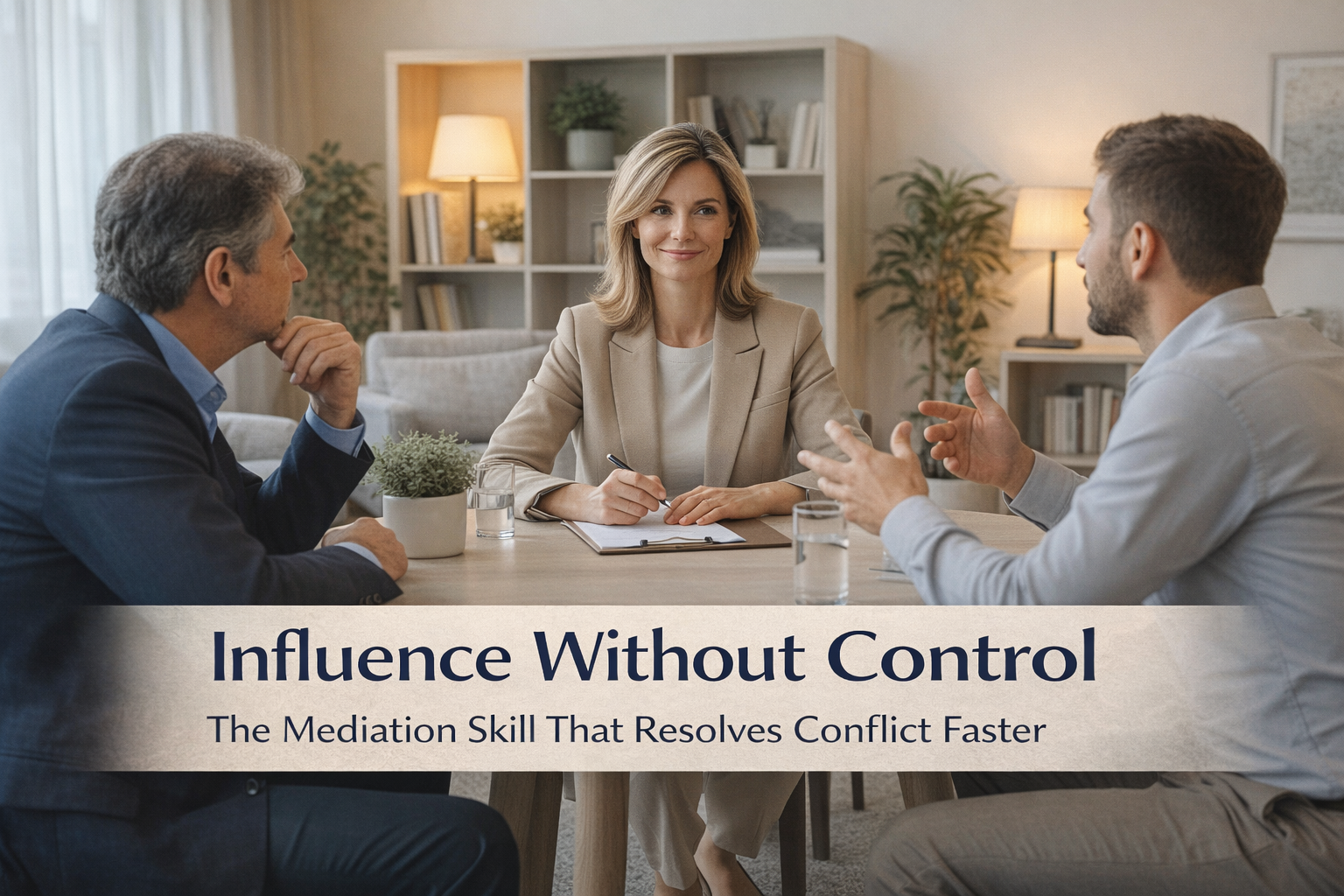 Business mediation session focused on resolution, confidentiality, and facilitated negotiation.