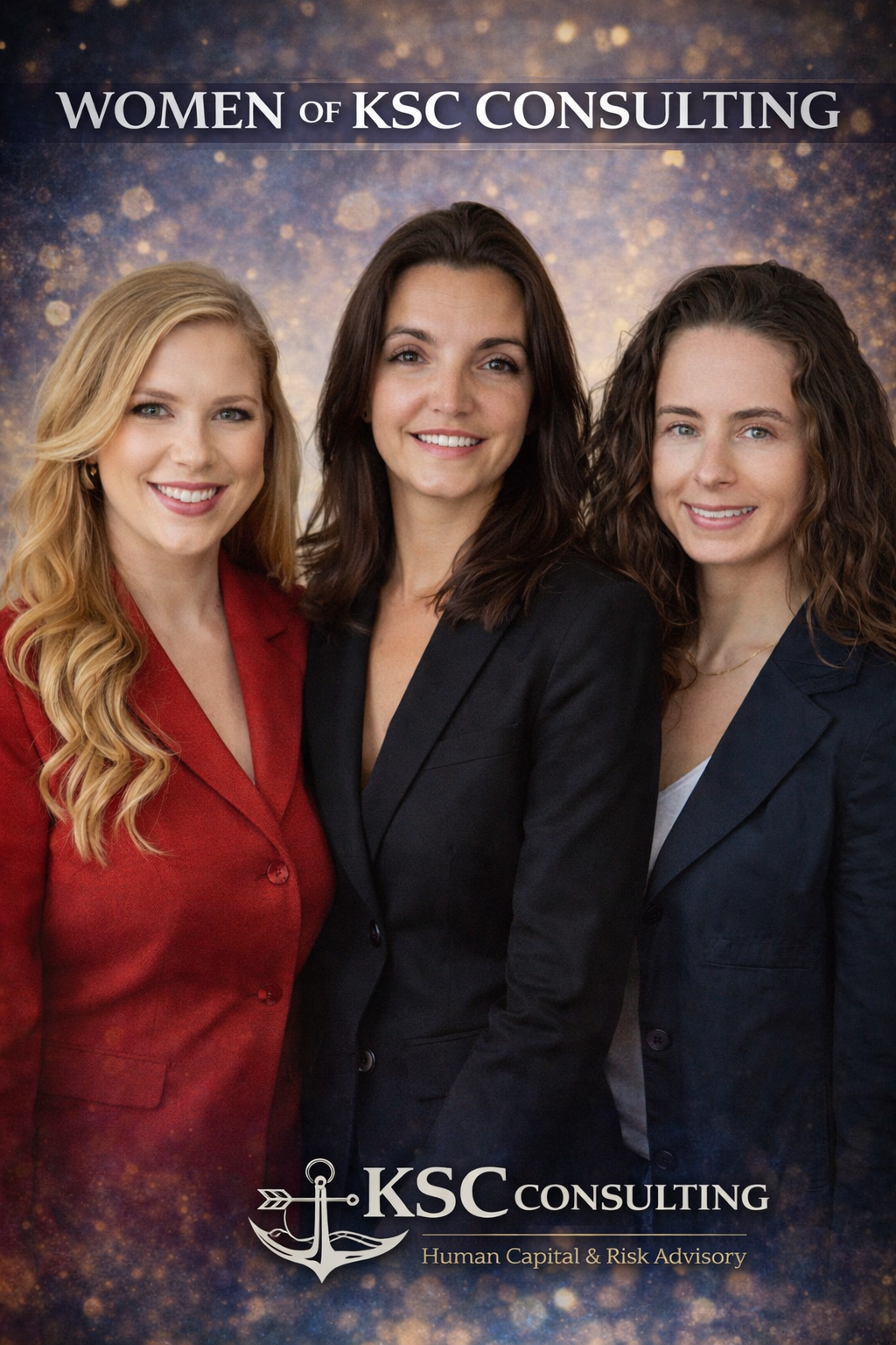 Leadership team from KSC Consulting, a human capital management and risk advisory firm, featuring three professional women in executive business attire symbolizing crisis leadership, people operations, and organizational strategy.