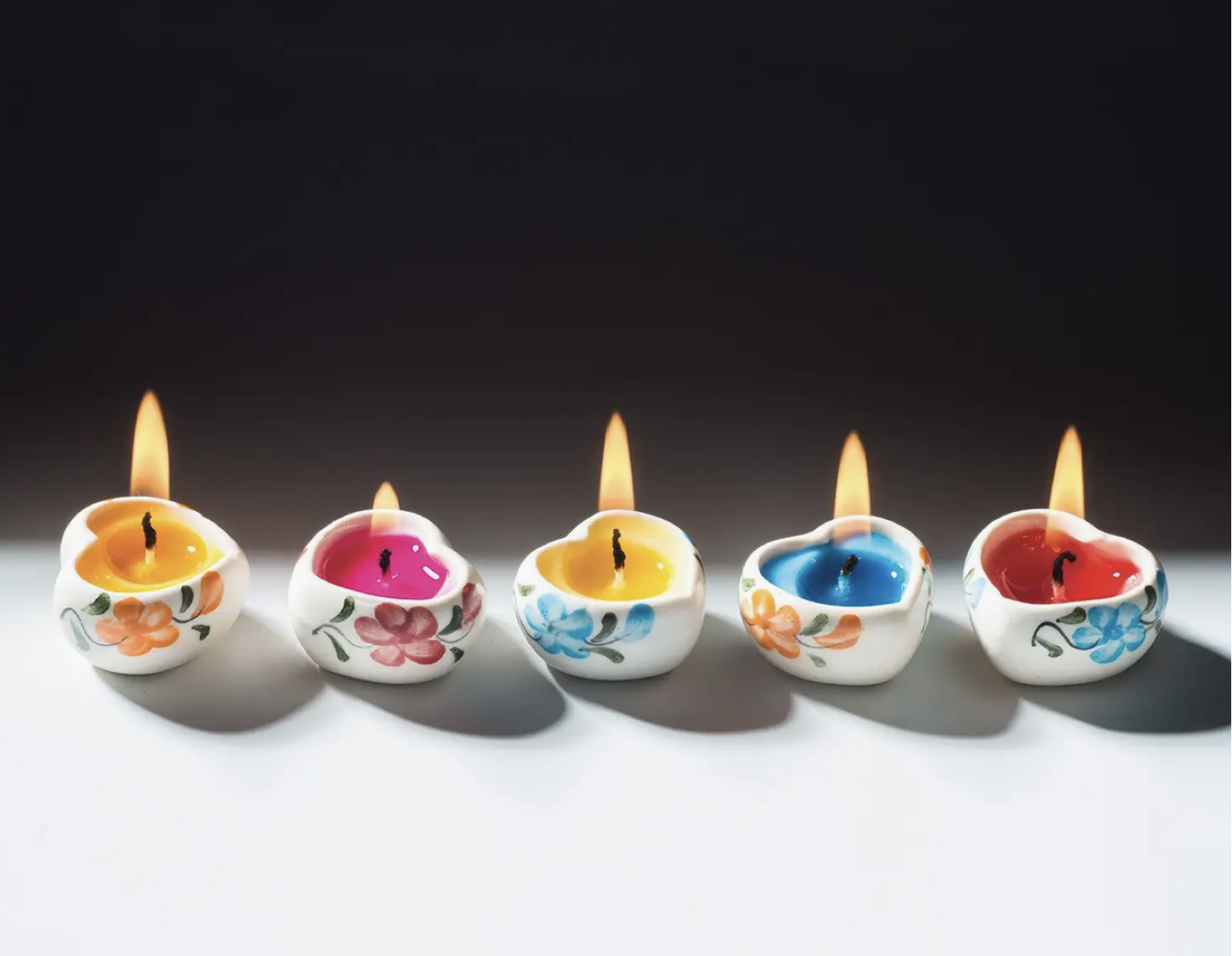 Tray of 5 Hand Painted Ceramic Heart Candles
