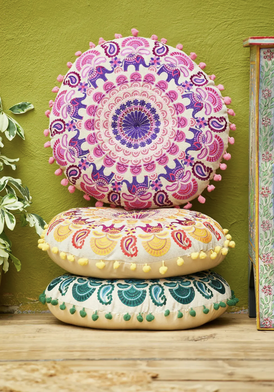 Round Embroidered Mandala Cushion