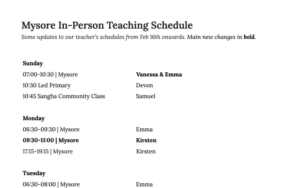 Mysore In-Person Teaching Schedule Feb 2026