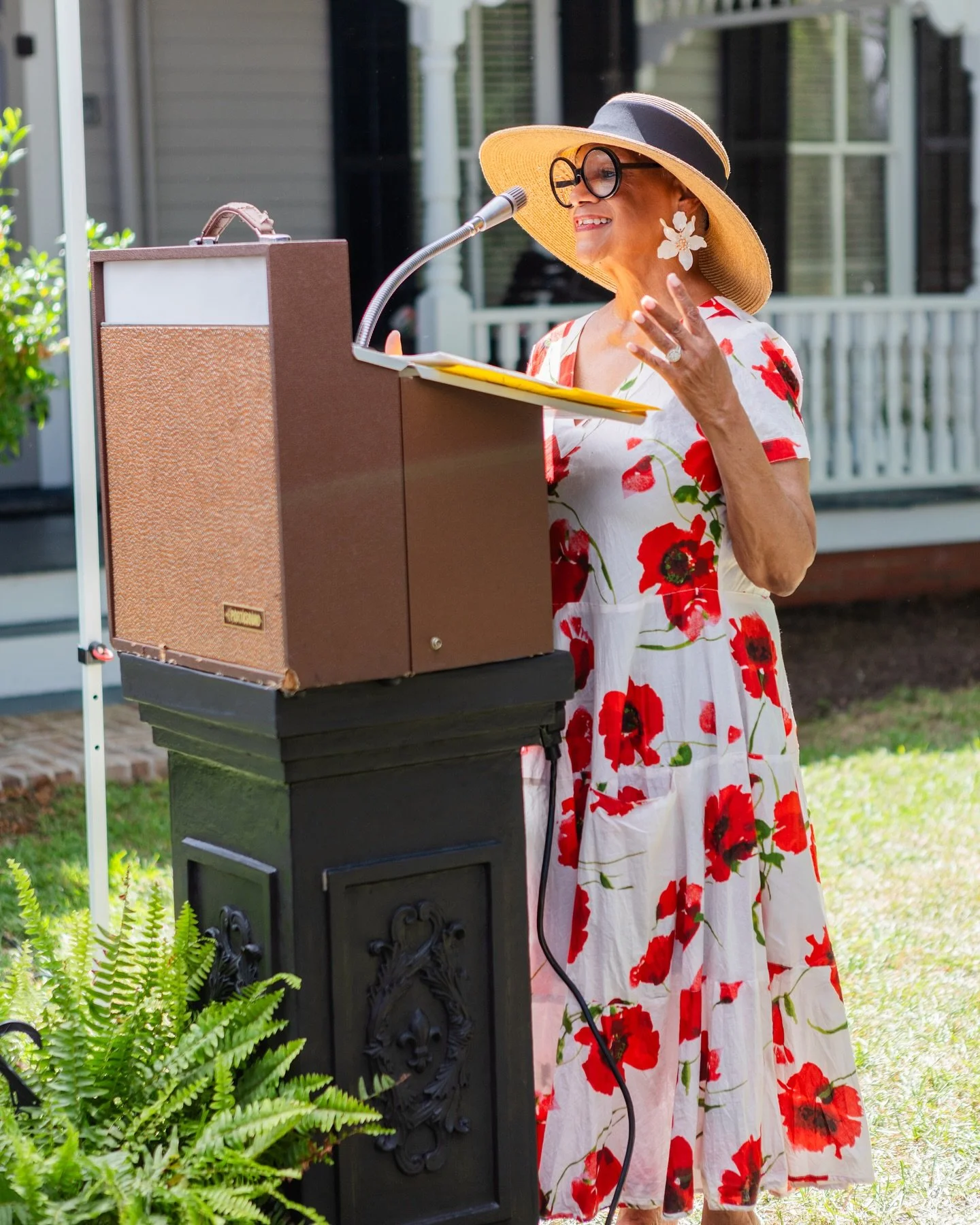 Jaki Shelton Green at the Blue Juniper Inn Grand Opening in 2024 at the podium.
