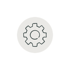 Gear icon inside a grey circle.