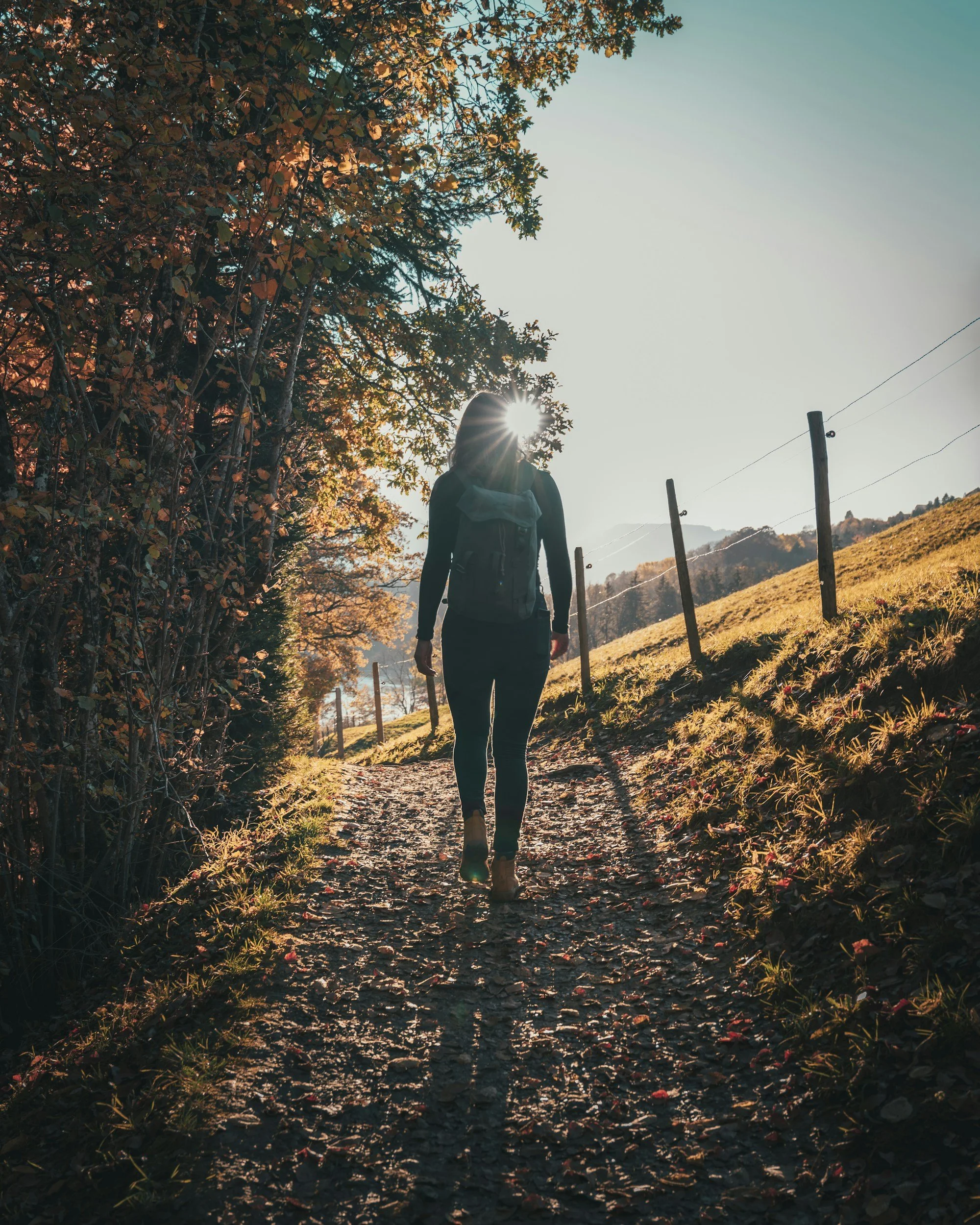 Person hiking on a trail surrounded by autumn foliage, with sunlight through trees and distant hills in the background - representing Adults with ADHD and co-occurring conditions.