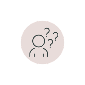 A simple line drawing of a person with three question marks around their head, indicating overwhelm inside a pink circle.