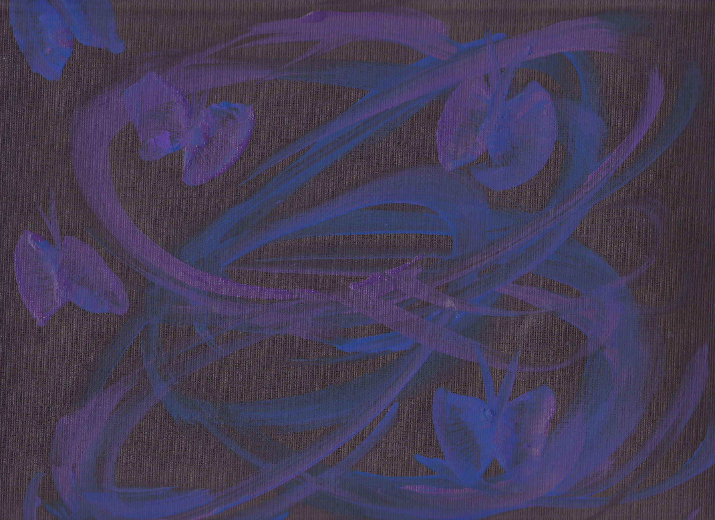 Abstract artwork with purple and blue swirling lines and shapes on a dark background.