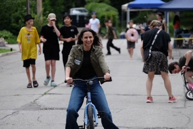 Heading to the starting line to race the local Dads on kids bikes at the Annual Street Party (I was not a close second).  Neighbourhood gatherings abound in Beaches and East York and it makes our riding such a special place to live.
