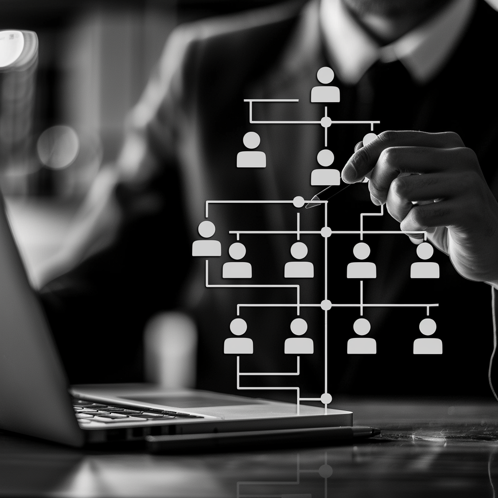 graphic of an org chart illustration superimposed over the chest of a man in a suit sitting at a desk
