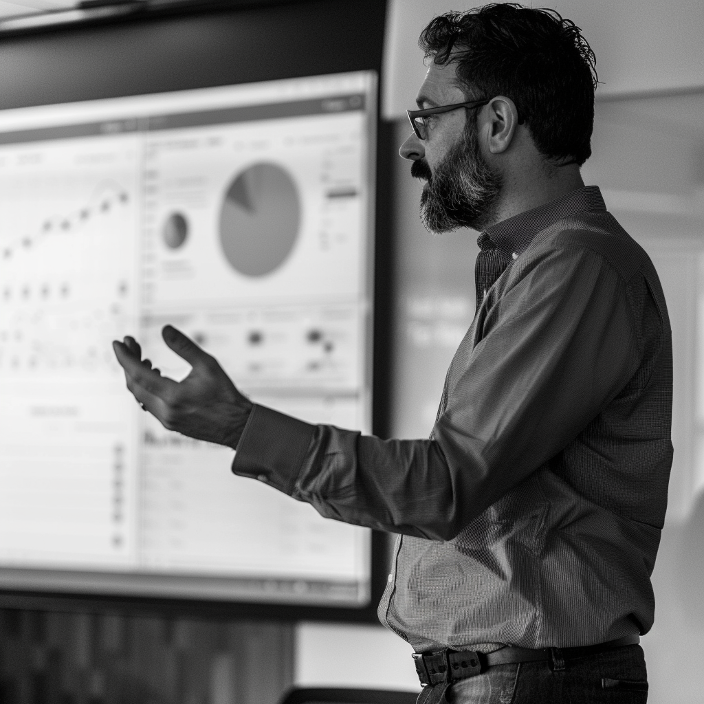 a black and white photo of a technologist explaining their data strategy