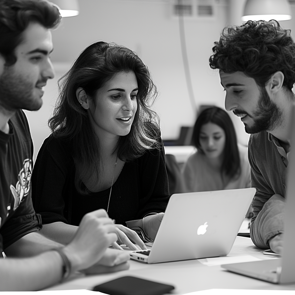 a woman product manager collaborating at a table with software engineers.