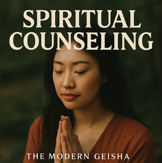 Young woman meditating outdoors with the text 'Spiritual Counseling: The Modern Geisha' above her.