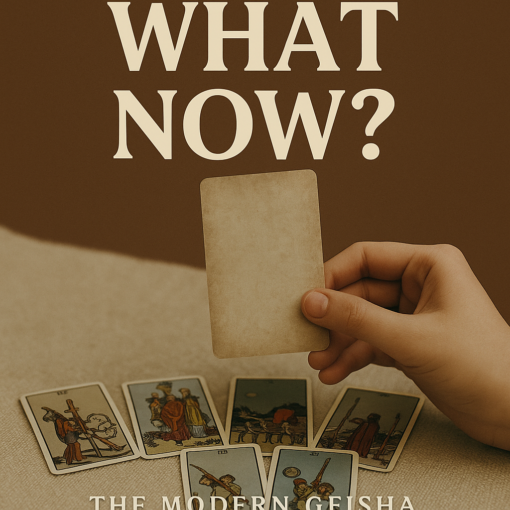 A hand holding a blank card above a spread of tarot cards on a table. Text on the image reads 'What Now?'