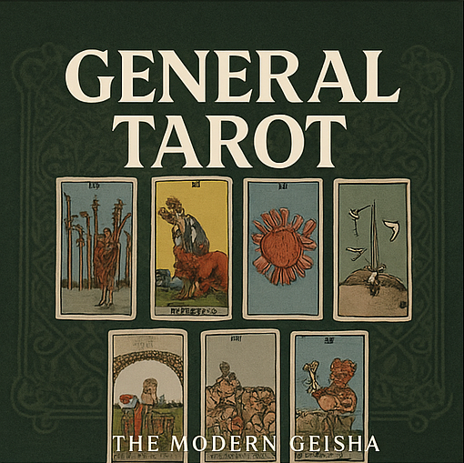 Cover of a Tarot card deck titled "General Tarot" with the subtitle "The Modern Giesha" and displaying seven Tarot cards with various illustrations.