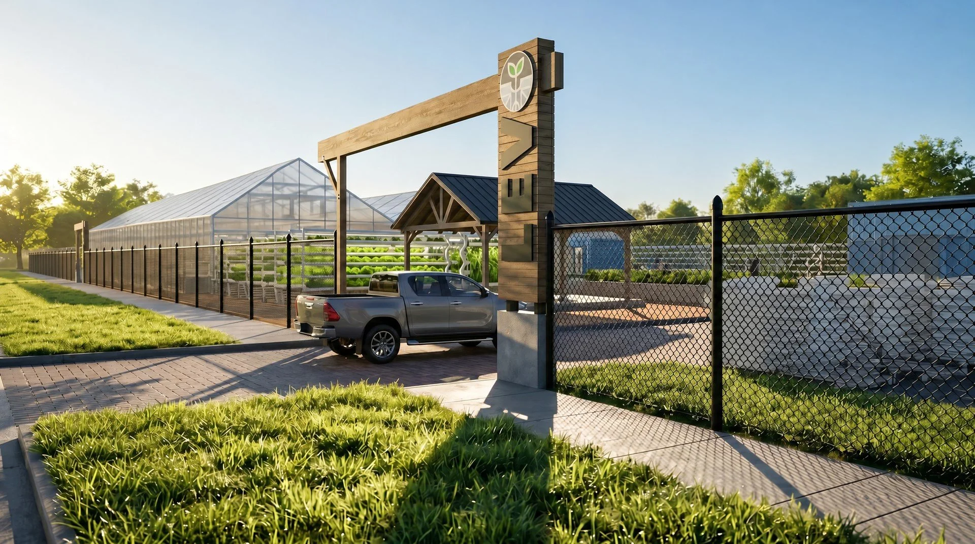 Entrance gate to a modern eco-friendly farm or greenhouse for hydroponic.