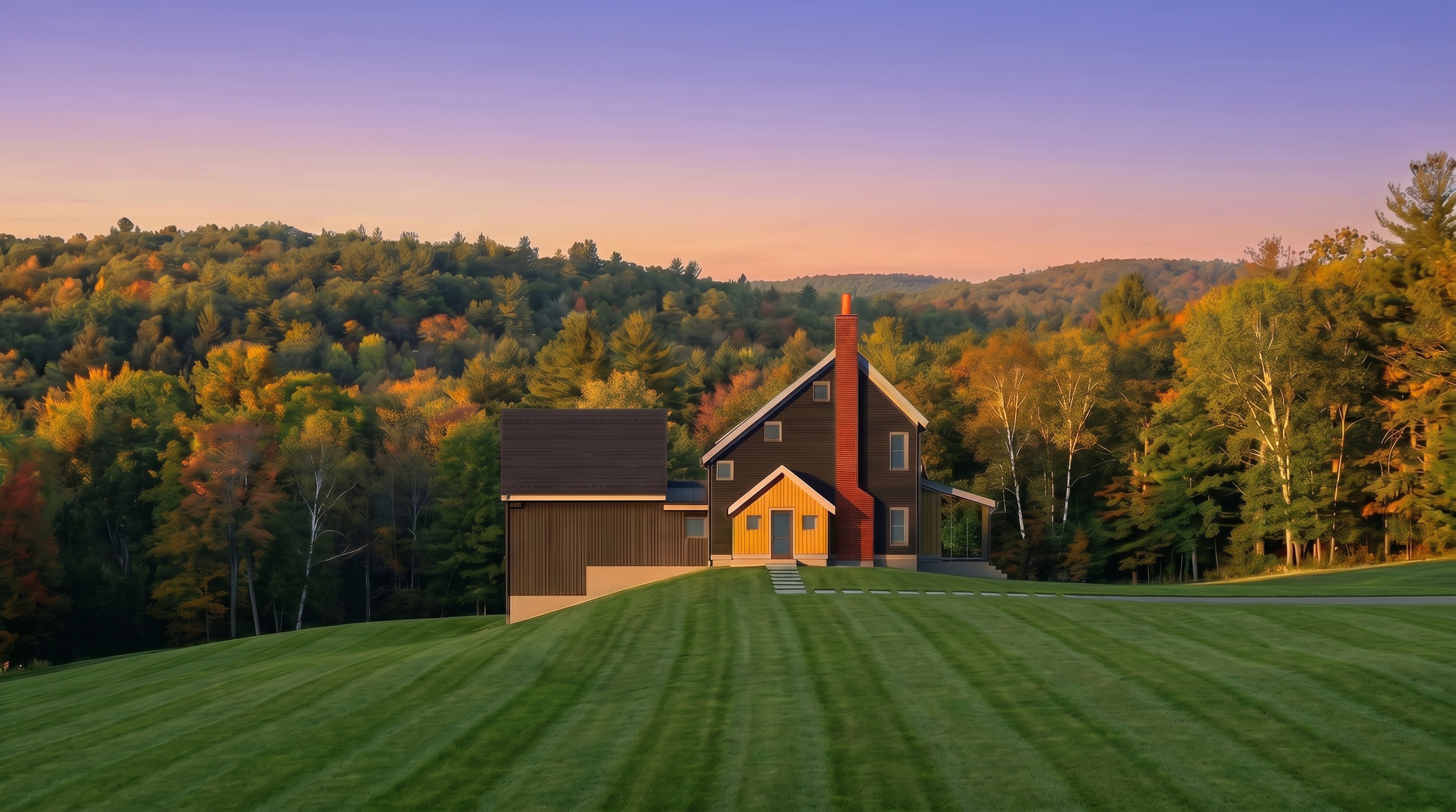 A house with a dark exterior and yellow front door set in front of a lush, forested hillside during sunset.