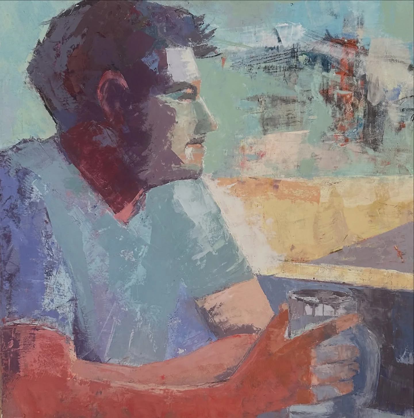 Portrait of Chris, my youngest. Based on photo when visiting him in Boston. 20x20 oil on panel.