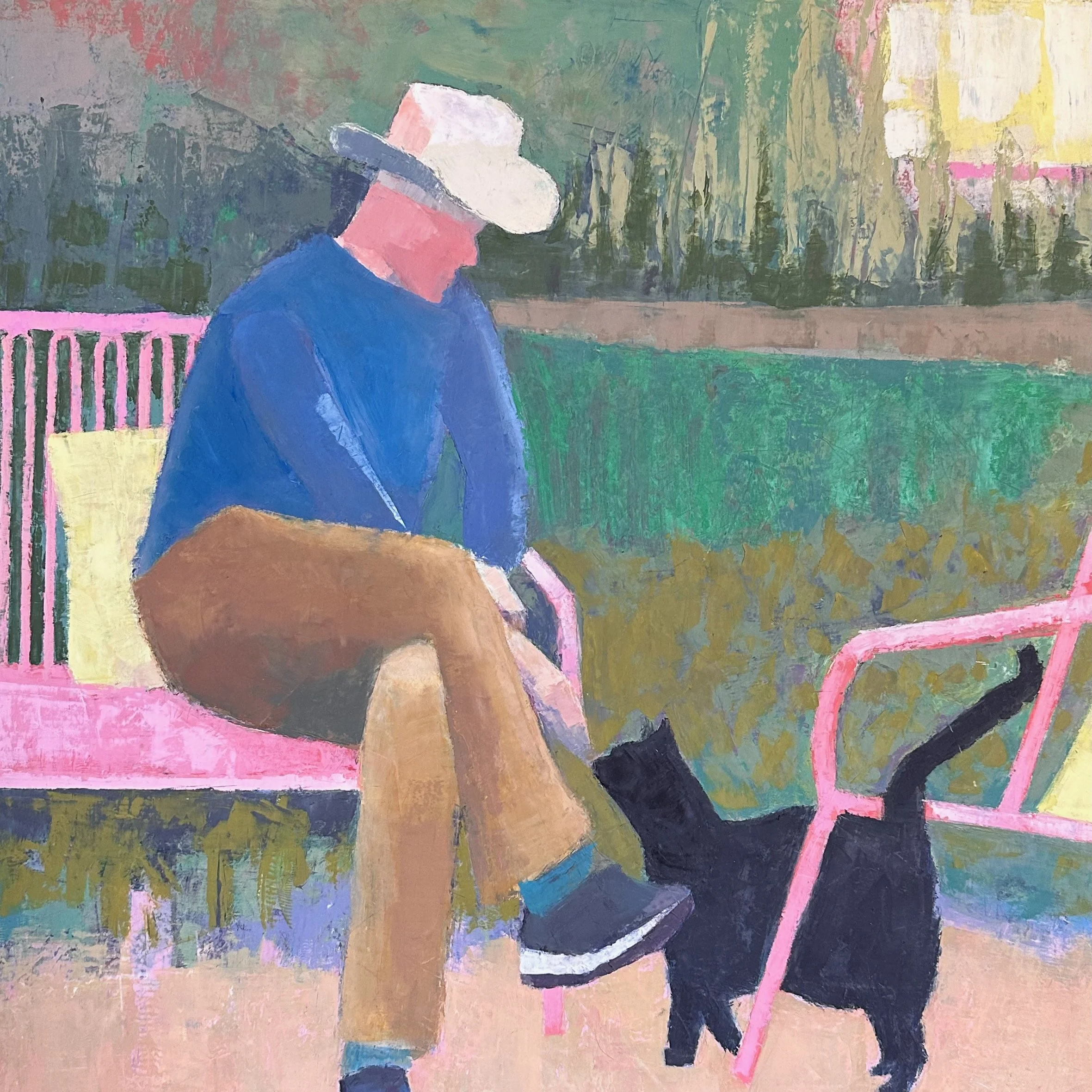 Man with Black Cat
20" x 20" 
1-1/2" depth panel
oil and cold wax
2025
$475 unframed/ $575 framed